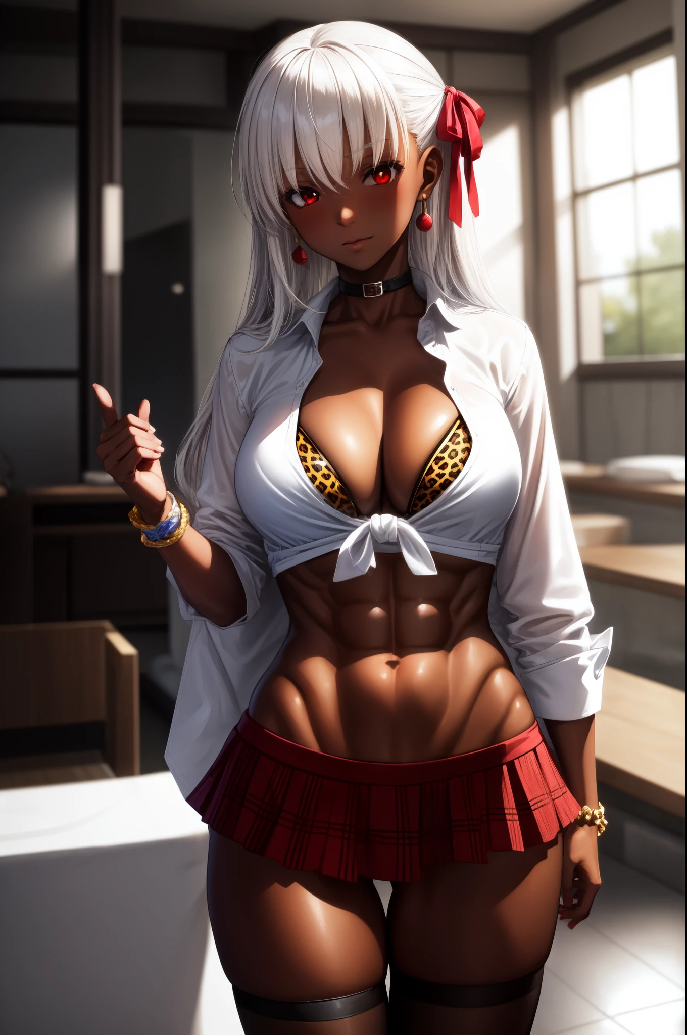 masterpiece, perfect lighting, ultra_detailed, ((1girl)), muscular female, abs, kama, hair ribbon, (red eyes:1.5), red ribbon, ribbon, long hair, white hair, (dark skin), (((gyaru))), , tied shirt, standing, , leopard print, tied shirt