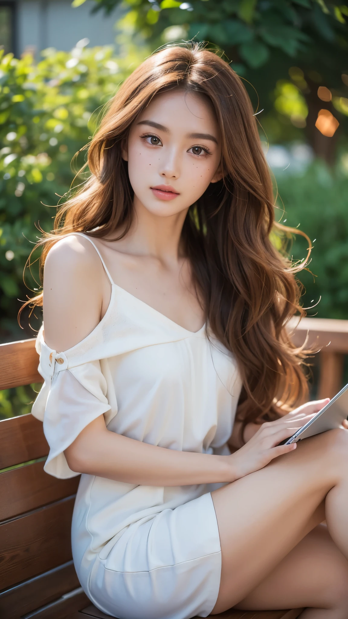 A beautiful woman, sits casually in front of an open laptop. Her long, wavy chestnut hair cascades down to the floor, framing her elegant features - thin lips curved gently, high cheekbones accentuated by the bridge of her nose, and full cheeks adorned only with a small dot of freckles. The, High quality photography, 3 point lighting, flash with softbox, 4k, Canon EOS R3, hdr, smooth, sharp focus, high resolution, award winning photo, 80mm, f2.8, bokeh.