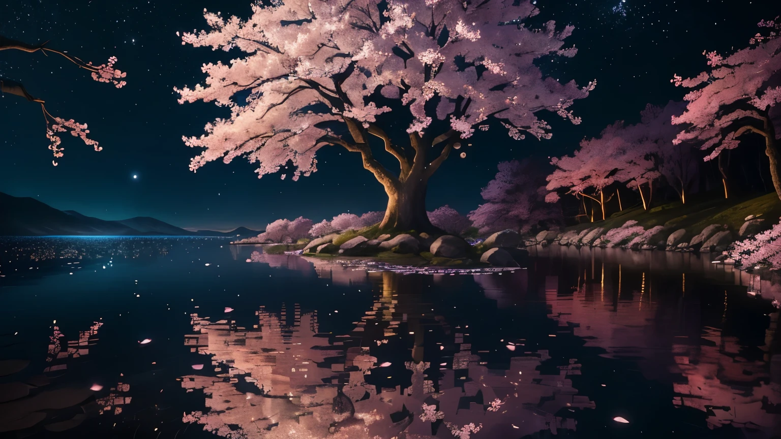 (best quality,4k,8k,highres,masterpiece:1.2),ultra-detailed,(realistic,photorealistic,photo-realistic:1.37),clear sky night,peaceful river,low exposure,1 sakura tree,firefly,night scenery,dreamlike stars,soft moonlight,subtle reflection,serene atmosphere,calming ripples,gentle breeze,silhouette of mountains,tranquil surroundings,painting-like,serenity,nighttime stillness,sakura blossoms,fireflies dancing,tranquility,colorful night sky,sakura petals floating,calmness,magical ambiance,warm glow,sakura tree in full bloom,ethereal sight,dimly lit,peaceful sounds of nature,serene water surface,mystical scenery,soft glow,title:Trees by the Night River.