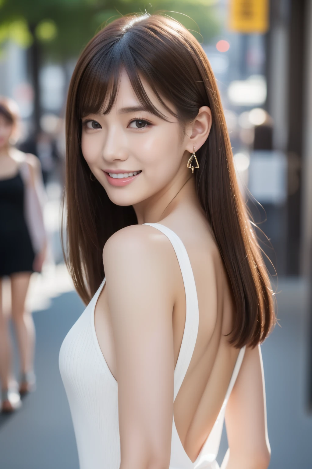 (8k、Raw photo、highest quality、Masseter muscle part:1.2)、super detailed、super resolution、(realistic、realistic pictures:1.37)、Portrait、High-definition RAW color photo、professional photography、hvery detailed and beautiful、very detailed、8k Wallpapers、amazingly detailed、huge file size、official art、Hvery detailed CG Unity 8k wallpapers、hvery detailed beautiful girl、very detailed顔、very detailed目、very detailed肌、very fine fingers、hvery detailed nose、very detailed詳細な口、perfect anatomy、hvery detailed back ground、Hvery detailed clothing、1 girl、(18:1.2)、teen、cute、famous japanese idol、cute、realistic body、、white skin、glowing skin、Because I&#39;m slender、handsome body、brown haired、straight long, smile, cute faces、lifelike face、delicate eyes、earrings、looking at camera、positive、Are standing, dynamic lighting, 2024, Clothes that are popular in spring, Tokyo, The background is Shibuya