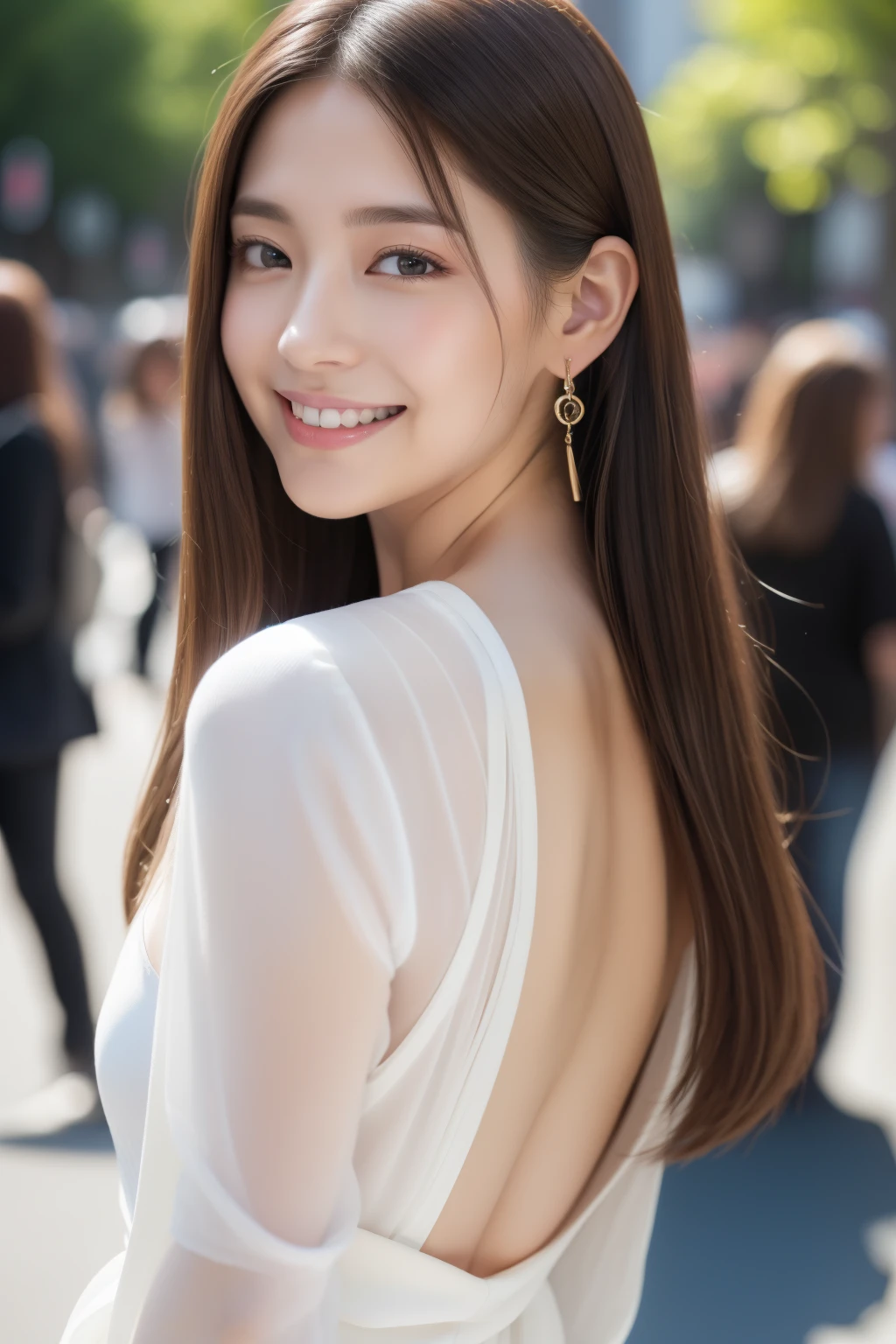 (8k、Raw photo、highest quality、Masseter muscle part:1.2)、super detailed、super resolution、(realistic、realistic pictures:1.37)、Portrait、High-definition RAW color photo、professional photography、hvery detailed and beautiful、very detailed、8k Wallpapers、amazingly detailed、huge file size、official art、Hvery detailed CG Unity 8k wallpapers、hvery detailed beautiful girl、very detailed顔、very detailed目、very detailed肌、very fine fingers、hvery detailed nose、very detailed詳細な口、perfect anatomy、hvery detailed back ground、Hvery detailed clothing、1 girl、(18:1.2)、teen、cute、famous japanese idol、cute、realistic body、、white skin、glowing skin、Because I'm slender、handsome body、brown haired、straight long, smile, cute faces、lifelike face、delicate eyes、earrings、looking at camera、positive、Are standing, dynamic lighting, 2024, Clothes that are popular in spring, Tokyo, The background is Shibuya