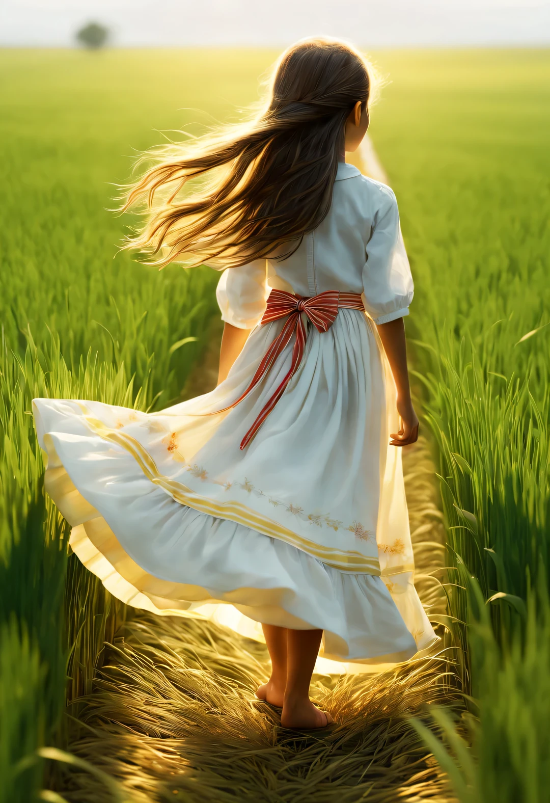 Bird&#39;s eye view digital art, In the endless rice fields, There was a little girl standing，long hair，wearing a white skirt，With a bow, observation posture, green, yellow, Kaneko, curry, A little red, gradually change color, farmer, The breeze blows on the field road, Rice swaying in the wind, Sunlight, happy atmosphere, National Geographic National Geographic, Striped circles and shapes Striped circles and rings, annie lebovetz, grey,,A beautiful painting by Wassily Kandinsky,Imagined,Imaginative,Japanese cartoons,romantic atmosphere,high detail,watercolor painting,palette knife painting,comics,artwork,Pixar style,cartoon style,Arte Guélan's artwork,Chinese painting,masterpiece,Line art,Quixel Megascans rendering,octane rendering,depth of field (degrees of ),extreme long shot,flashing light, --original style