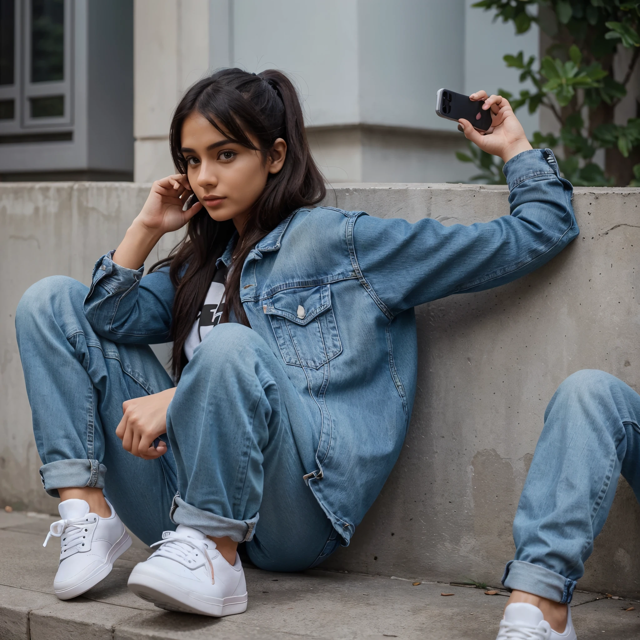
Create a 3D illustration of an animated character sitting casually on top of a social media logo "WhatsApp". The character must wear casual modern clothing such as jeans jacket and sneakers shoes. The background of the image is a social media profile page with a user name "sanju" and a profile picture that match.
