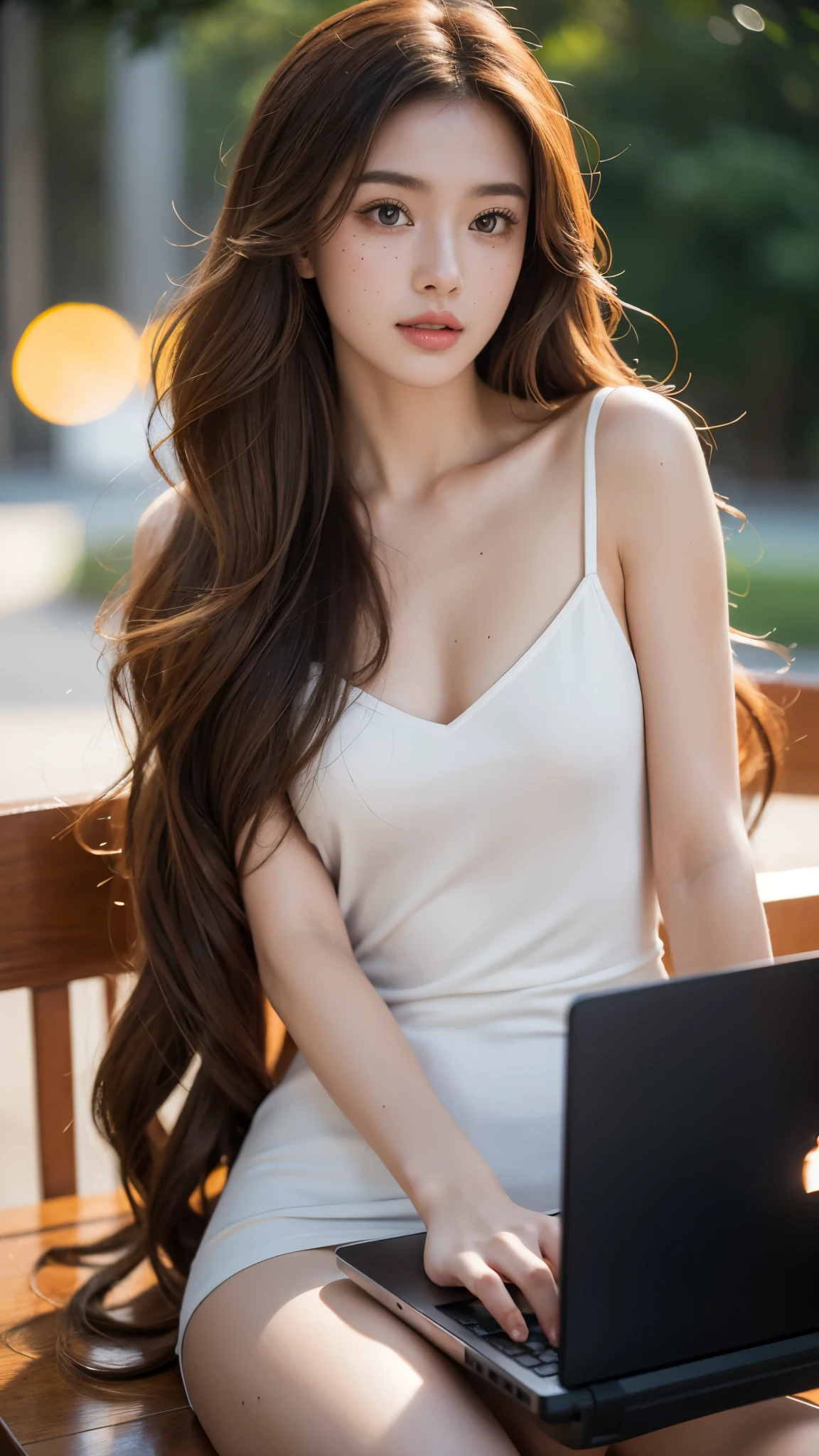 A beautiful woman, sits casually in front of an open laptop. Her long, wavy chestnut hair cascades down to the floor, framing her elegant features - thin lips curved gently, high cheekbones accentuated by the bridge of her nose, and full cheeks adorned only with a small dot of freckles. The, High quality photography, 3 point lighting, flash with softbox, 4k, Canon EOS R3, hdr, smooth, sharp focus, high resolution, award winning photo, 80mm, f2.8, bokeh.