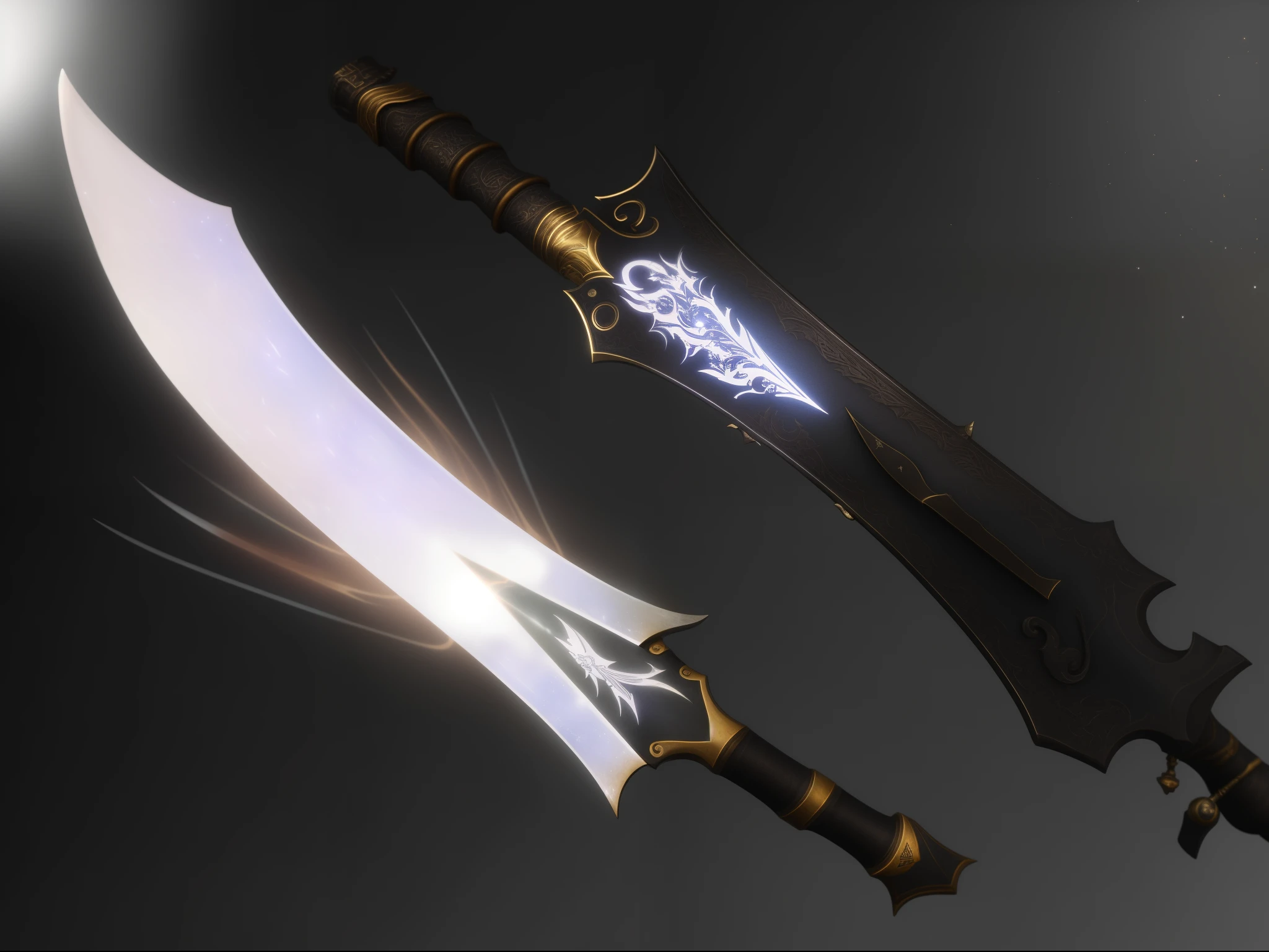 um close up de uma faca com uma luz brilhando sobre ela, desenho de espada, blade design, arma de guerra, espada jiang, ghost blade style, epic arma de fantasia art, Fantasy Blade, espadas duplas, Arte de armas de RPG de fantasia, projeto de arma, arma de fantasia, ray traced blade, espadas empunhadas duplas, espada curva, science fiction sword, bela espada, arte conceitual de arma