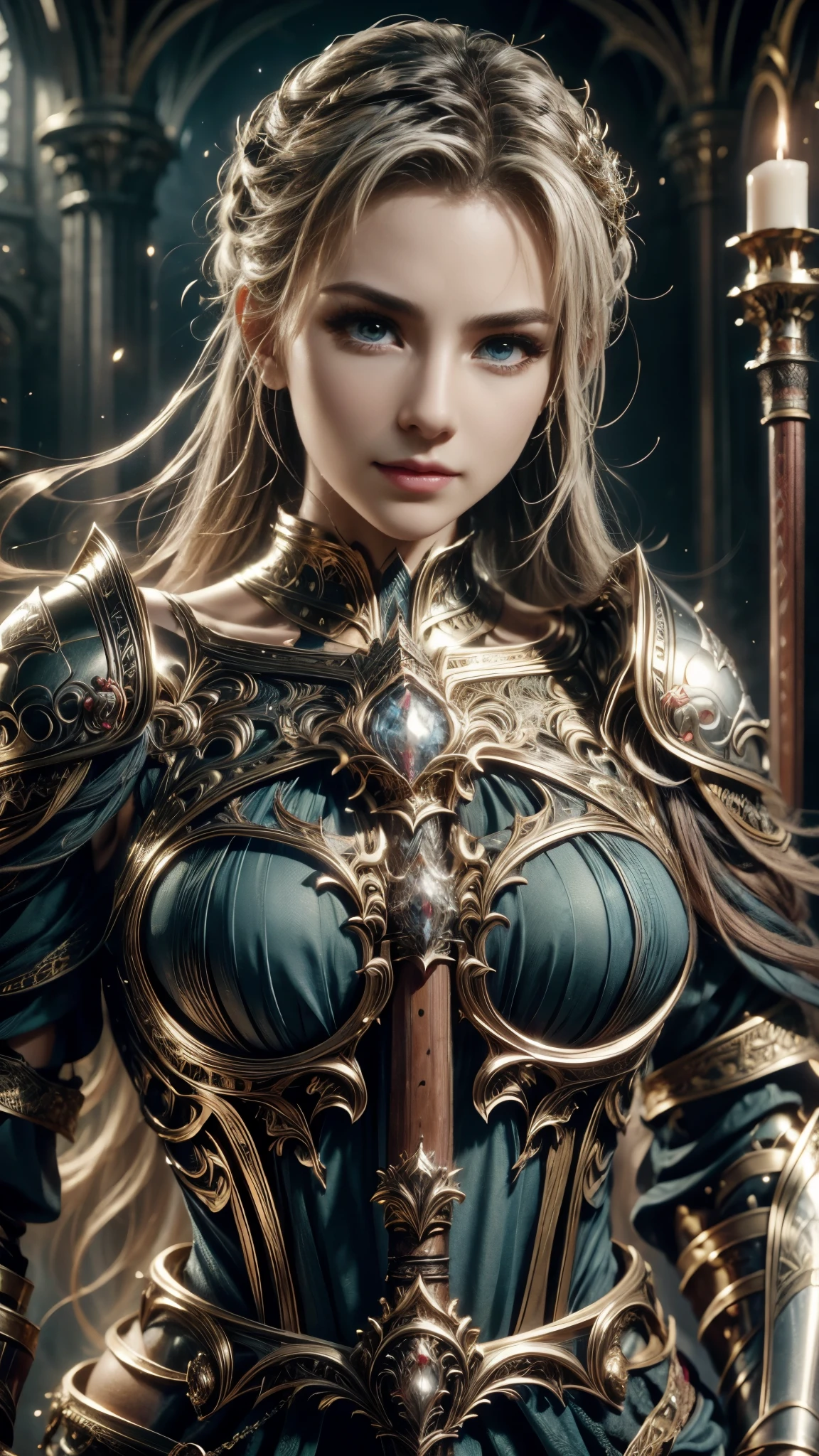 (RAW shooting:1.5, Photoreal:1.5, 8k, highest quality, masterpiece, ultra high resolution), medieval europe, world of magic and swords, perfect dynamic composition:1.2, Mysterious:1.3, Highly detailed skin and facial textures:1.3, cute and sexy slim female warrior, beautiful and aesthetic:1.1, cute and sexy beauty, perfect style, Large sword, wear elaborate rings, fire, water, Wind, thunder, ice, Fair skin, very beautiful face, (Medium chest, Chest gap), (embarrassing smile, The expression on your face when you feel intense caress, Facial expression when feeling pleasure), (sexy gold metallic armor:1.1, off shoulder, Navel exposure), (beautiful blue eyes, Eyes that feel beautiful eros:0.8), (Too erotic:0.9, Bewitching:0.9), full body shot, Ancient castle in the background