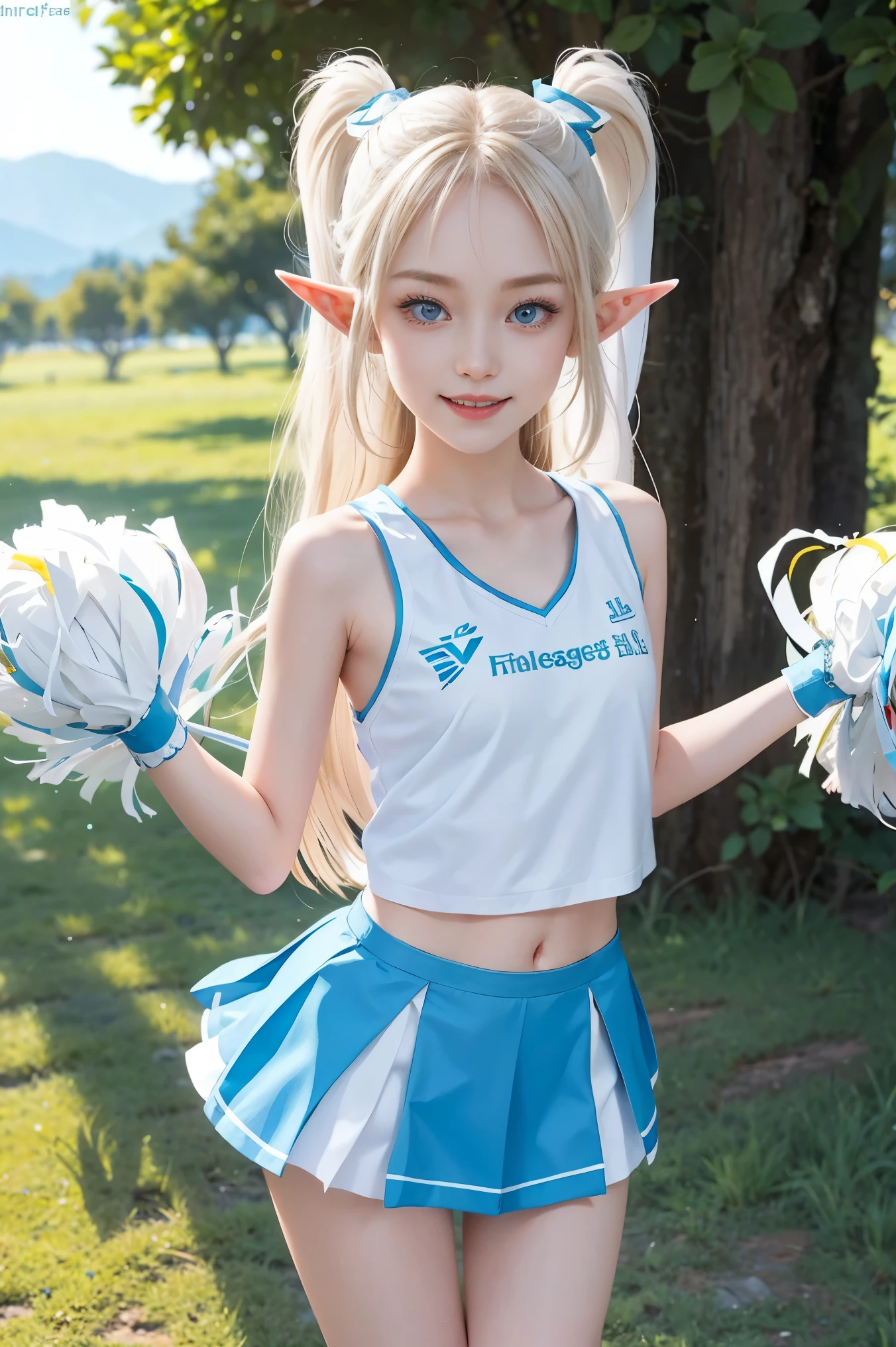 1 girl, ponytail、blonde、brand hair、Divide your bangs into 73 equal parts..、elongated eyes、Fished out eyes、alone, super high quality, hard focus, film grain, ultra high resolution, 10 year old girlの子、masterpiece, nice detailed crystal clear light blue eyes, narrow eyes、shining、full body shot、Milky white and clear skin、elf pointed ears、long and thin legs、slender long arms、girl with a thin upper body、A girl with a thin lower body、slender lower body girl、slender upper body girl、girl with a tight waist、full body shot、whole body posture、Elf princess style girl、height: 140cm、elf pointed ears，1 girl, alone, super high quality, hard focus, film grain, ultra high resolution, 10 year old girl、masterpiece, nice detailed crystal clear light blue eyes, narrow eyes、eye-catching、shining、full body shot、(((white cheerleader:1.2))), elf pointed ears、long and thin legs、slender long arms、girl with a thin upper body、A girl with a thin lower body、slender lower body girl、slender upper body girl、girl with a tight waist、full body shot、whole body posture、cowboy shot、Smile joyfully、toothy smile