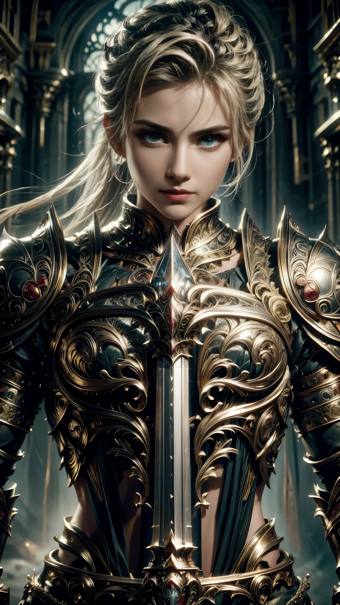 (RAW shooting:1.5, Photoreal:1.5, 8k, highest quality, masterpiece, ultra high resolution), medieval europe, world of magic and swords, perfect dynamic composition:1.2, Mysterious:1.3, Highly detailed skin and facial textures:1.3, cute and sexy slim female warrior, beautiful and aesthetic:1.1, cute and sexy beauty, perfect style, Grasp the great sword with both hands, wear elaborate rings, fire, water, Wind, thunder, ice, Fair skin, very beautiful face, (Medium chest, Chest gap), (embarrassing smile, The expression on your face when you feel intense caress, Facial expression when feeling pleasure), (sexy gold metallic armor:1.1, off shoulder, Navel exposure), (beautiful blue eyes, Eyes that feel beautiful eros:0.8), (Too erotic:0.9, Bewitching:0.9), full body shot, Ancient castle in the background