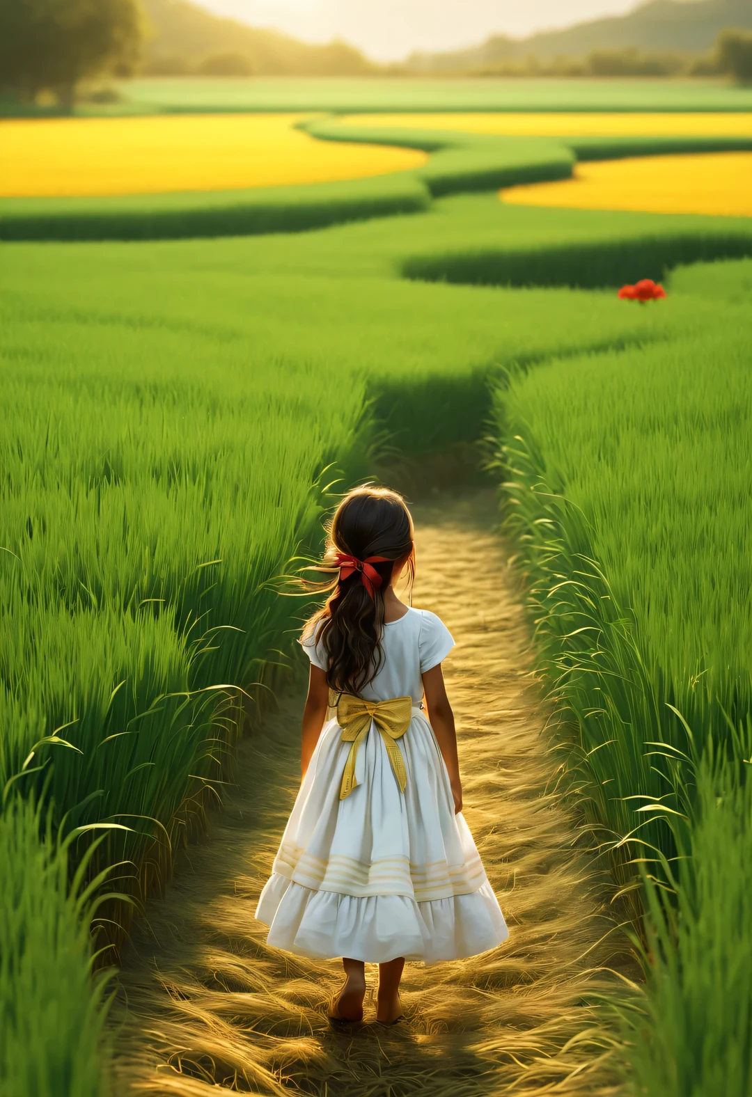 Bird&#39;s eye view digital art, In the endless rice fields, There was a  girl standing，long hair，wearing a white skirt，With a bow, observation posture, green, yellow, Kaneko, curry, A little red, gradually change color, farmer, The breeze blows on the field road, Rice swaying in the wind, Sunlight, happy atmosphere, National Geographic National Geographic, Striped circles and shapes Striped circles and rings, annie lebovetz, grey,,A beautiful painting by Wassily Kandinsky,Imagined,Imaginative,Japanese cartoons,romantic atmosphere,high detail,watercolor painting,palette knife painting,comics,artwork,Pixar style,cartoon style,Arte Guélan's artwork,Chinese painting,masterpiece,Line art,Quixel Megascans rendering,octane rendering,depth of field (degrees of ),extreme long shot,flashing light, --original style