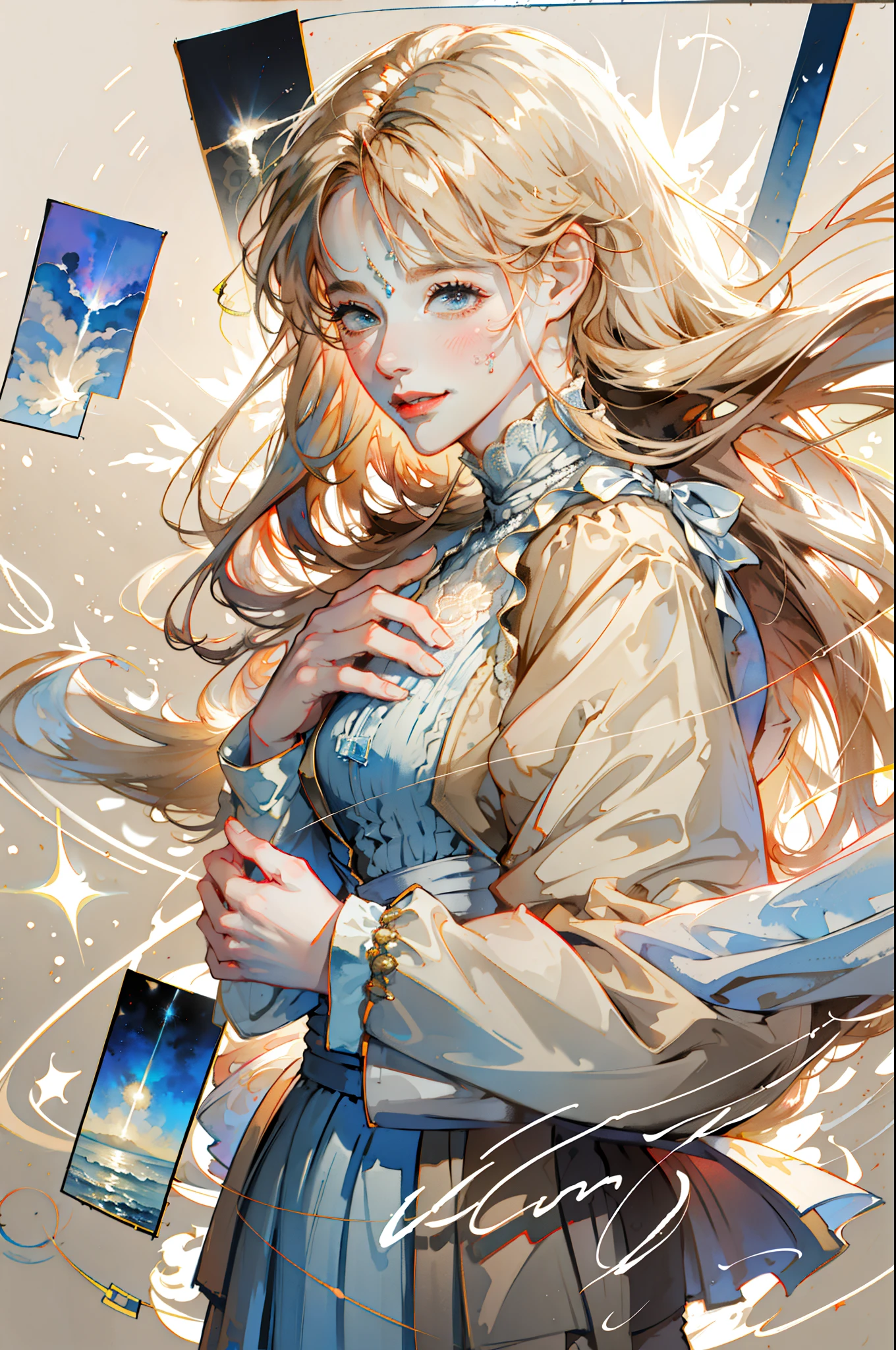 A drawing of a woman with long blonde hair and a blue dress - SeaArt AI