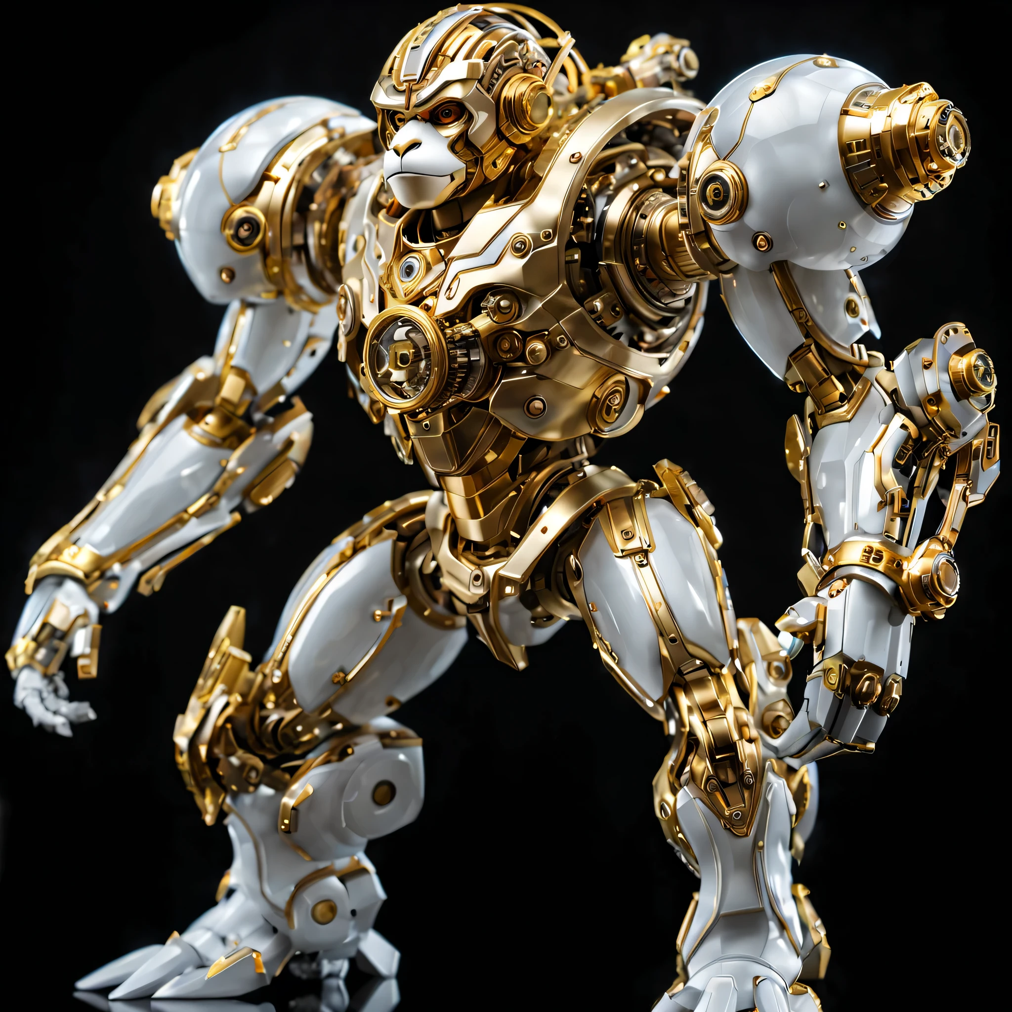 (full-body shot:1.5), (full view:1.5), personification,Pure black background, A platinum monkey transparent mecha stands on the ground,Get into a fighting stance,Exquisite white transparent glass mechanical armor, Metal mechanical mask, Precision luminous electronic eye,(The internal structure is complex and precise:1.2), Exquisite and complex golden mecha texture, (gold mechanical thread:1.2), (Well-designed, high detail, masterpiece, best quality, ultra high definition, Sharpen details, ,metallic feel),New Jersey RS
