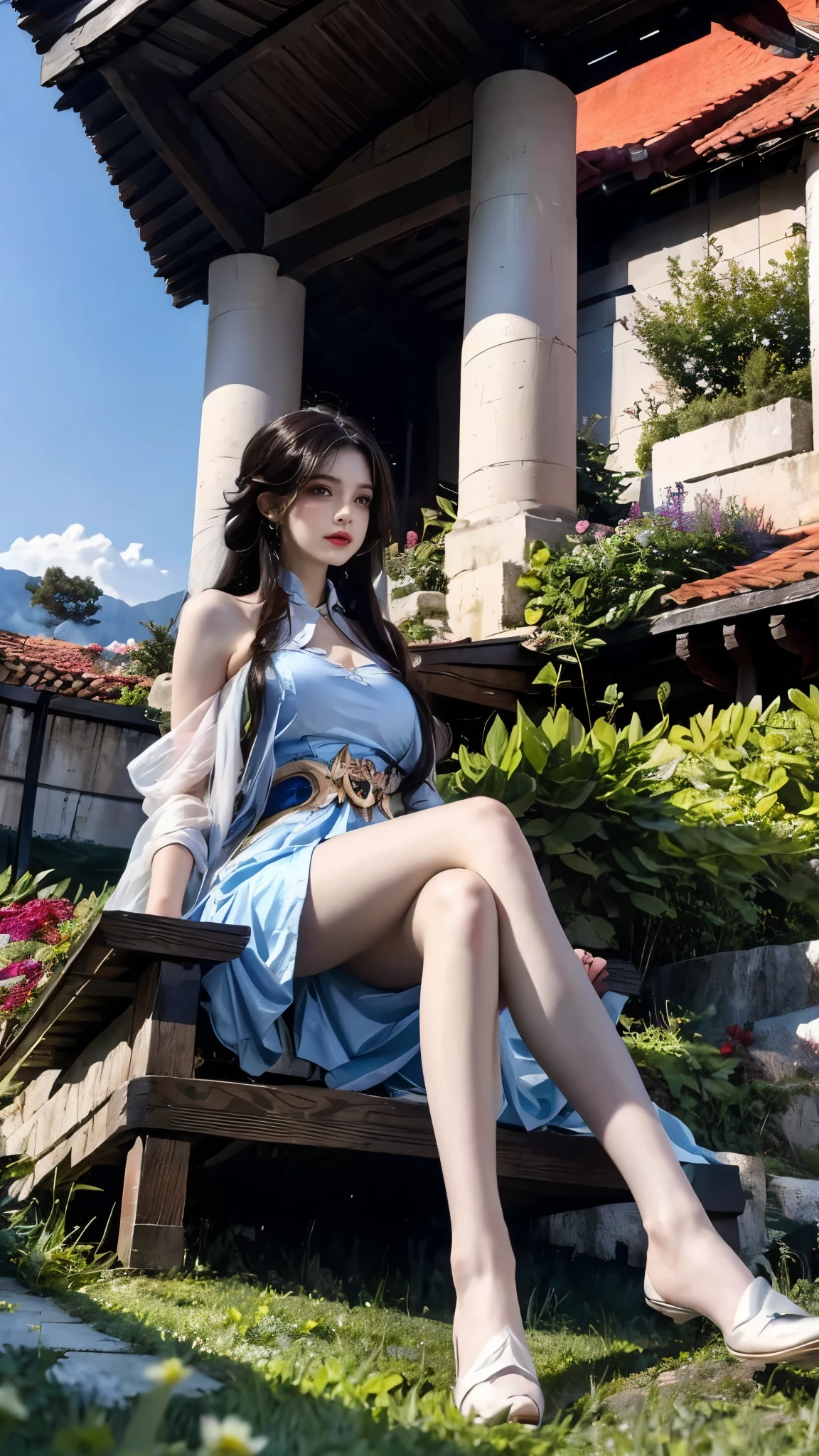 yinziping,china dress, 1girl, ((full body)), ((from below)), in the mountains, sit on rock, plant, bouquet, Show off your exquisite figure and graceful curves, slim body, big breasts, cleavage, sexy legs, big eyes, elegant posture, long hair, brown hair, curls, Warm colors, masterpiece, best quality, correct, 解剖学correct, official art, complex, detail的脸, detail, lifelike, Very detailed, official art