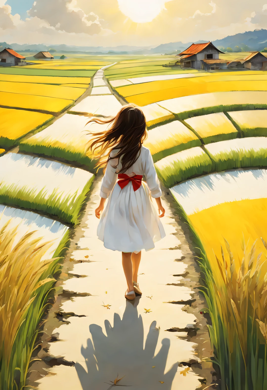 Bird's eye view digital art, In the endless rice fields, There was a girl standing,long hair,wearing a white skirt,With a bow, observation posture, green, yellow, Kaneko, curry, A little red, gradually change color, farmer, The breeze blows on the field road, Rice swaying in the wind, Sunlight, happy atmosphere, National Geographic National Geographic, Striped circles and shapes Striped circles and rings, annie lebovetz, grey,,A beautiful painting by Wassily Kandinsky,Imagined,Imaginative,Japanese cartoons,romantic atmosphere,high detail,watercolor painting,palette knife painting,comics,artwork,Pixar style,cartoon style,Arte Guélan's artwork,Chinese painting,masterpiece,Line art,Quixel Megascans rendering,octane rendering,depth of field (degrees of ),extreme long shot,flashing light, --original style