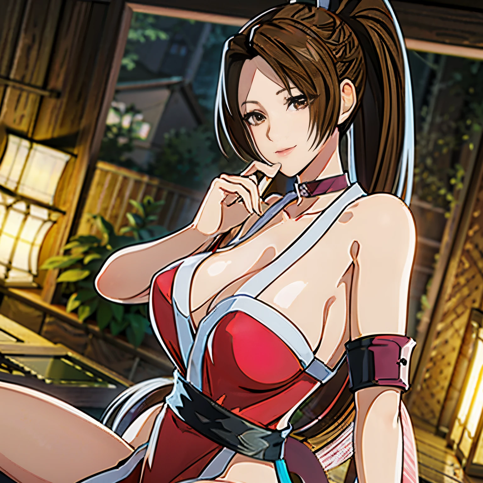 1 woman、Pink dress, Sleevelesai shiranui:1.2)), Bare shoulders, Brown hair, Brown eyes, Long high ponytail, hair tie, 1 persons、25-years old, Japan mature woman, Beautiful Finger, Beautiful long legs, Beautiful body, Beautiful nose, Beautiful character design, Perfect eyes, Perfect face, Jewelry, See-through, Looking at Viewer, Hair Ornament, Choker, Shy, seducting smile、The King of Fighters,(Large Handheld Fan:1.5)、
(masutepiece, of the highest quality, Best Quality, Beautiful and aesthetic: 1.2), Extremely detailed, more detailed,Proper body proportion,masutepiece,Super high-quality output images,hight resolution,Intricate details,Very delicate and beautiful hair,photos realistic,Dreamy,Professional Lighting,realistic shadow,Solo Focus,
(Large breasts:1.2,) , Floating skirt,anime style