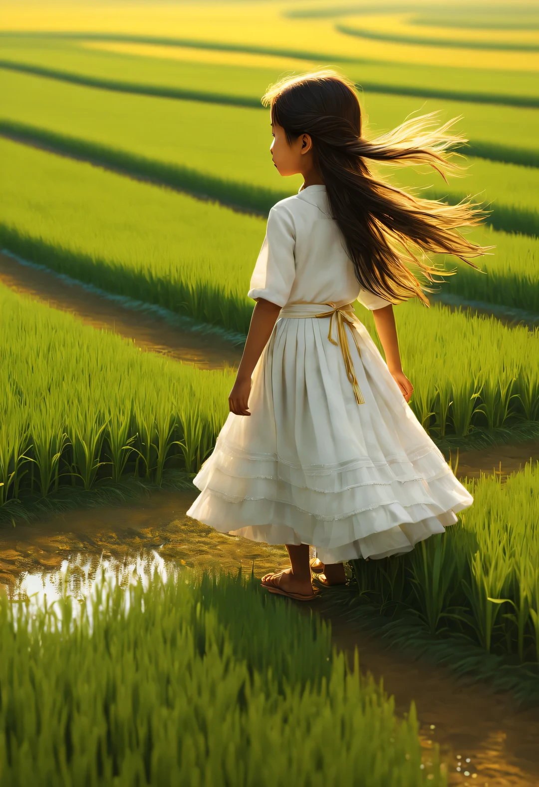 Bird's eye view digital art, In the endless rice fields, There was a girl standing,long hair,wearing a white skirt,With a bow, observation posture, green, yellow, Kaneko, curry, A little red, gradually change color, farmer, The breeze blows on the field road, Rice swaying in the wind, Sunlight, happy atmosphere, National Geographic National Geographic, Striped circles and shapes Striped circles and rings, annie lebovetz, grey,,A beautiful painting by Wassily Kandinsky,Imagined,Imaginative,Japanese cartoons,romantic atmosphere,high detail,watercolor painting,palette knife painting,comics,artwork,Pixar style,cartoon style,Arte Guélan's artwork,Chinese painting,masterpiece,Line art,Quixel Megascans rendering,octane rendering,depth of field (degrees of ),extreme long shot,flashing light, --original style