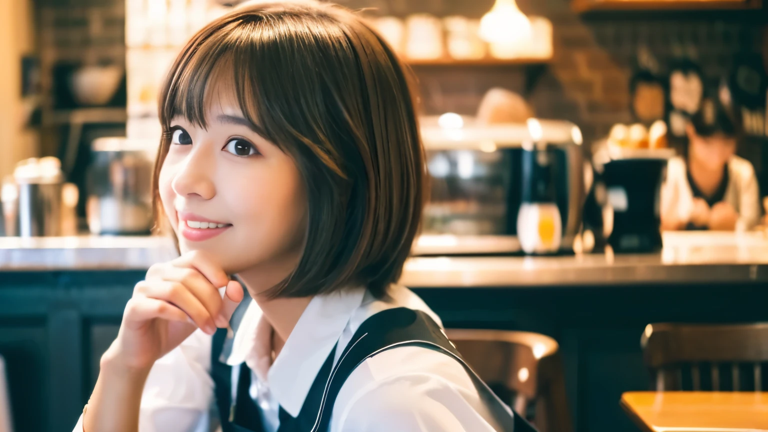 ((最high quality, 8k, masterpiece: 1.3)), perfect face,Inside a stylish cafe in New York、A scene in which a beautiful model-like woman with big breasts is drinking a latte and studying on a laptop.,everything around you, I see other customers enjoying themselves.。At the back of the cafe、Staff are busy working at the counter.、You can feel the vibrancy and warmth of a city cafe.., sharp focus, 1 girl, sexy 1.2, brown hair, With bangs, (layered short hair), (big: 1.5), fine eyes, Beautiful eyes with slit length, double eyelid, (cat face), (cute Face), cute Smile, (close your mouth), (cute), soft skin, show the whole body, surreal, Super detailed, high quality, (Beautiful female college student with short hair studying in a cafe), ((詳細な非常にcute女子大生), ((big胸 It can be seen even through clothes))