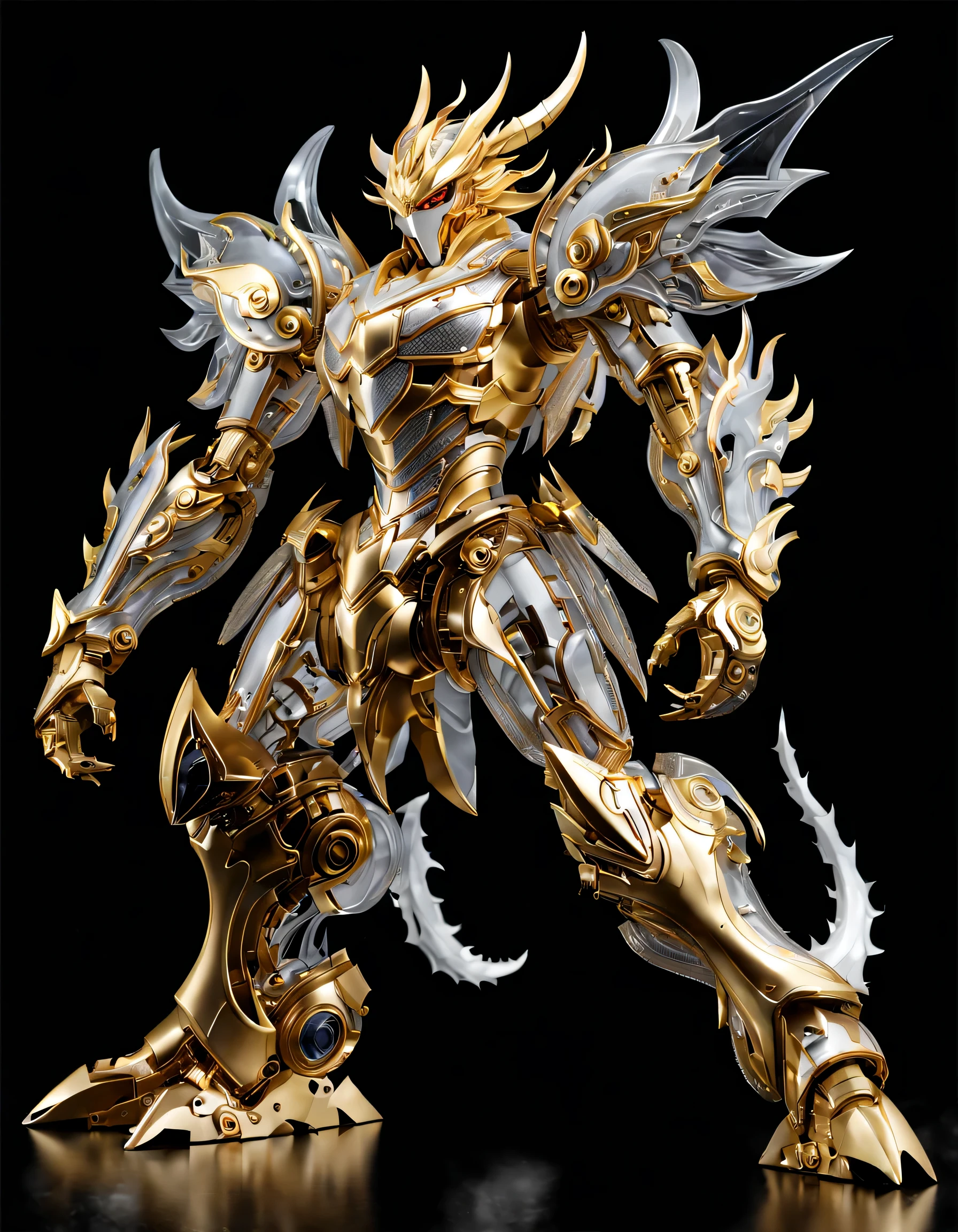 (full-body shot:1.5), (full view:1.5), personification,Pure black background, White and gold Chinese dragon transparent mecha stands on the ground in fighting pose,Exquisite white transparent glass mechanical armor, Metal mechanical mask, Precision luminous electronic eye,(The internal structure is complex and precise:1.2), Exquisite and complex golden mecha texture, (gold mechanical thread:1.2), (Well-designed, high detail, masterpiece, best quality, ultra high definition, Sharpen details, ,metallic feel),New Jersey RS