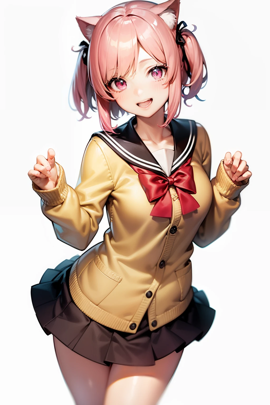 chica anime in a school uniform with a bow tie, render de abril, anime moe art style, anime visual de una linda chica, female protagonist 👀 :8, Kantai collection style, cute chica anime, Best Anime Girl, young chica anime, attractive chica anime, arte cg anime suave, dramatic smile pose, an chica anime, (chica anime), chica anime (PINK HAIR) (PINK EYES) (CAT EARS) 