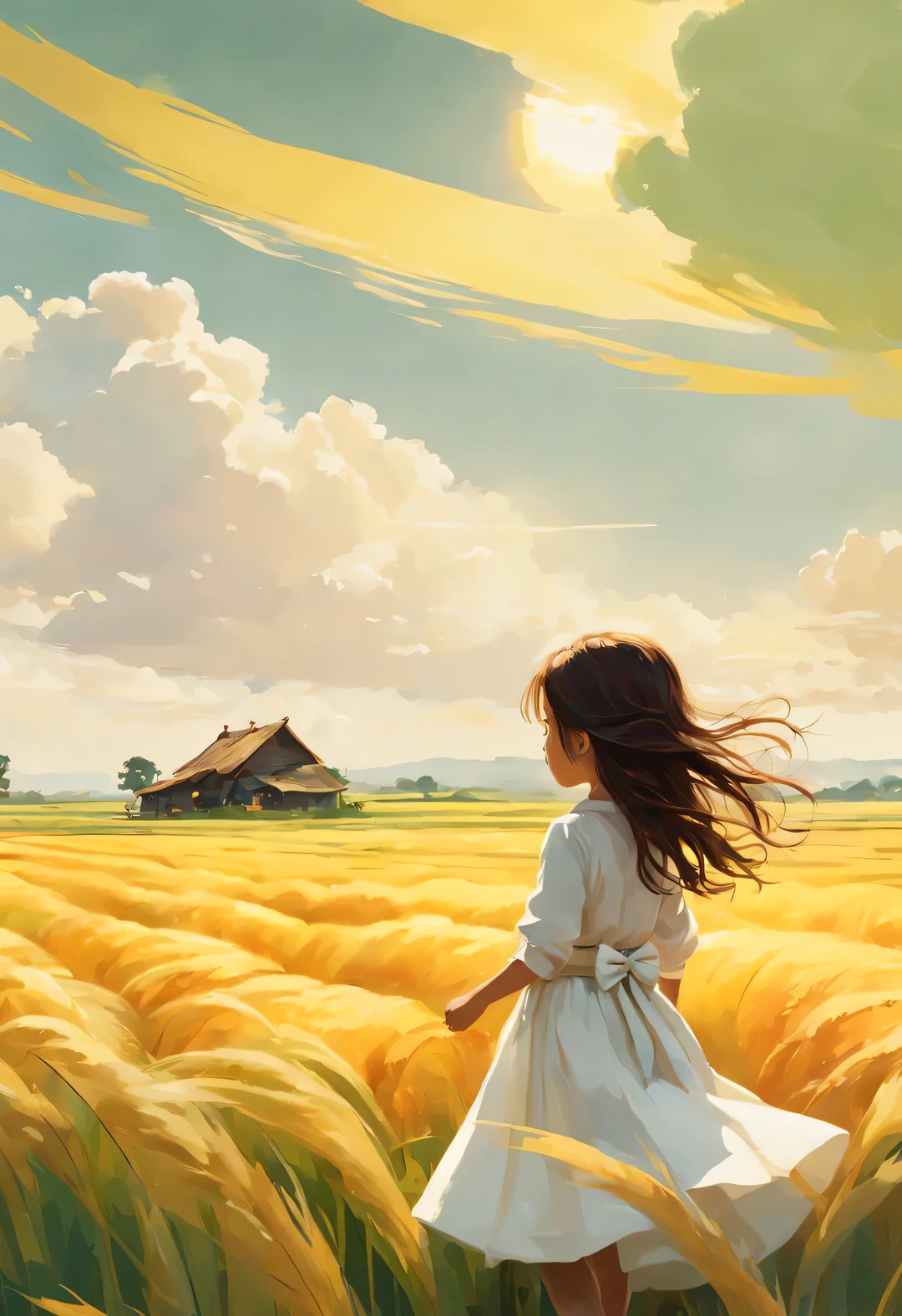 Bird's eye view digital art, In the endless rice fields, The back of a standing,long hair,white skirt,bow tie, green, yellow, Kaneko, curry, A little red, slope, White farmhouse in the distance, breeze blows, Rice swaying in the wind, Sunlight, happy atmosphere, National Geographic National Geographic, Circles and Rings Stripes Circles and Shapes Stripes, annie lebovetz,,A beautiful painting by Wassily Kandinsky,Imagined,Imaginative,Japanese cartoons,romantic atmosphere,high detail,watercolor painting,palette knife painting,comics,artwork,Pixar style,cartoon style,Arte Guélan's artwork,Chinese painting,masterpiece,Line art,Quixel Megascans rendering,octane rendering,depth of field (degrees of ),extreme long shot,flashing light, --original style