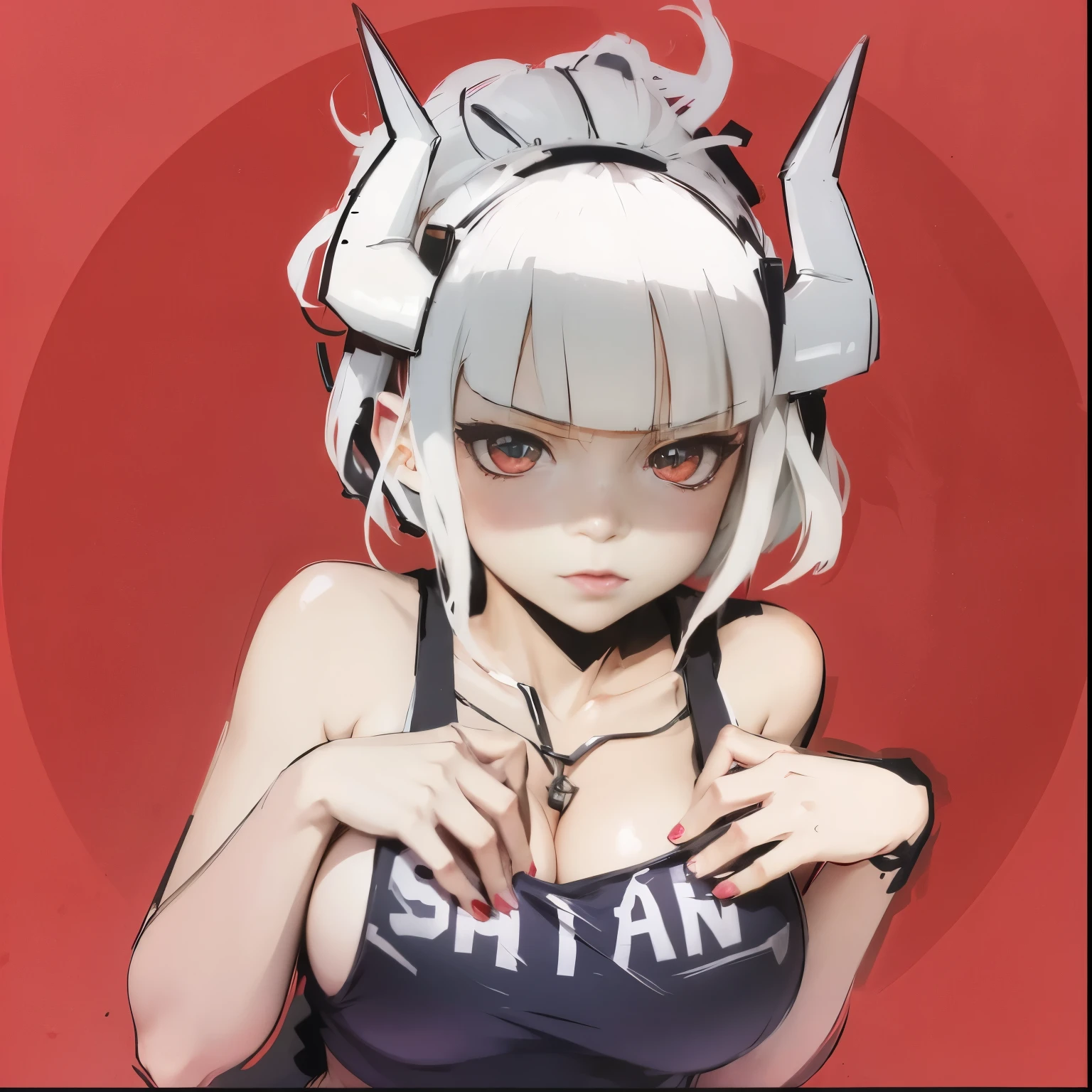 anime girl with horns and a tank top with a red background, oni horns, anime monster girl, satan daughter, in an anime style, kantai collection style, mika kurai demon, demon girl, konachan, white horns queen demon, demon anime girl, marin kitagawa fanart, octan, in anime style, with horns, shikamimi