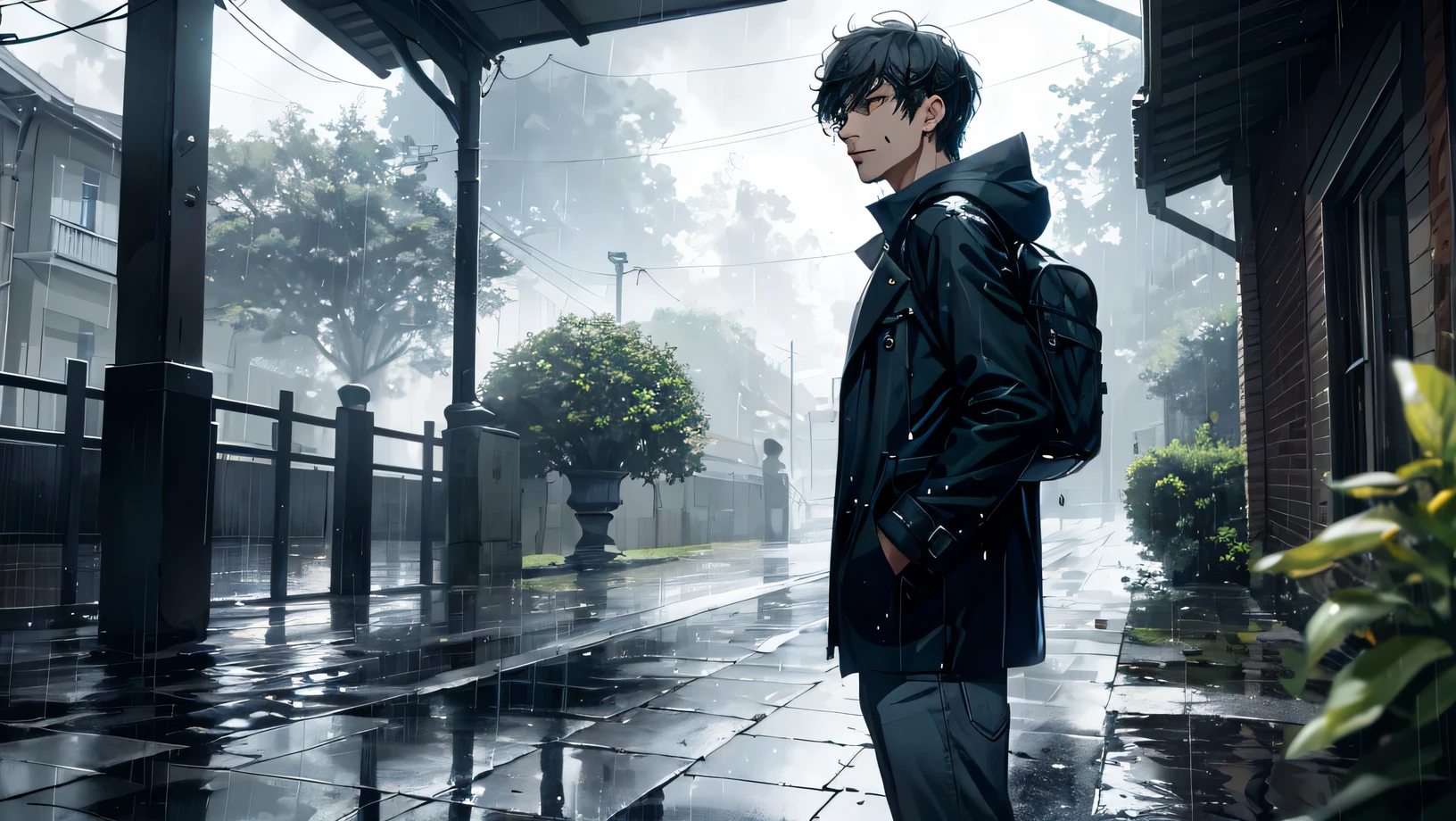 Ultra-realistic 8K CG, masterpiece, best quality, a boy, solo, handsome, short hair, rain drops trickling down his back, worn jacket revealing goose bumps, real-time rain effect, umbrella in hand, melancholic expression, grayish-blue sky with raindrops, shimmering reflection on the pavement, rainwater streaming down the windowpanes, rays of sunlight filtering through the clouds, dramatic mood, rain-soaked surroundings.