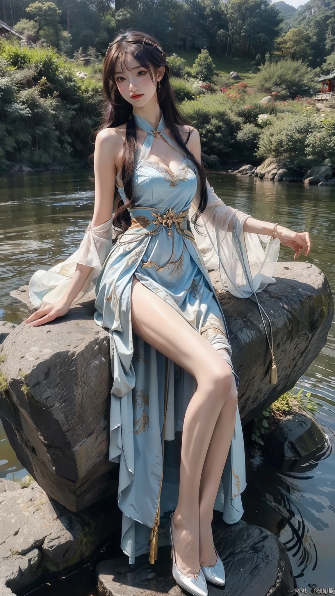 yinziping,china dress, 1girl, ((full body)), ((from below)), in the mountains, sit on rock, plant, bouquet, Show off your exquisite figure and graceful curves, slim body, big breasts, cleavage, sexy legs, big eyes, elegant posture, long hair, brown hair, curls, Warm colors, masterpiece, best quality, correct, 解剖学correct, official art, complex, detail的脸, detail, lifelike, Very detailed, official art