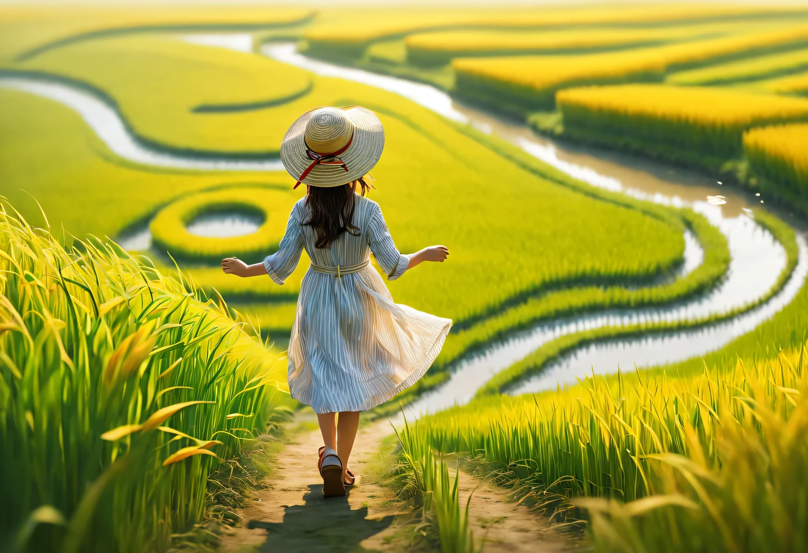 Bird's eye view digital art, Endless rice fields, green, yellow, Kaneko, curry, A little red, slope, field path, A group of girls wearing white straw hats, Farmhouse, breeze blows, Rice swaying in the wind, Sunlight, happy atmosphere, National Geographic National Geographic, Stripes Circles and Stripes Circles and Shapes Stripes, Annie Leibovitz Annie Leibovitz,,A beautiful painting by Wassily Kandinsky,Imagined,Imaginative,Japanese cartoons,romantic atmosphere,high detail,watercolor painting,palette knife painting,comics,artwork,Pixar style,cartoon style,Arte Guélan's artwork,Chinese painting,masterpiece,Line art,Quixel Megascans rendering,octane rendering,long shot,flashing light, --original style