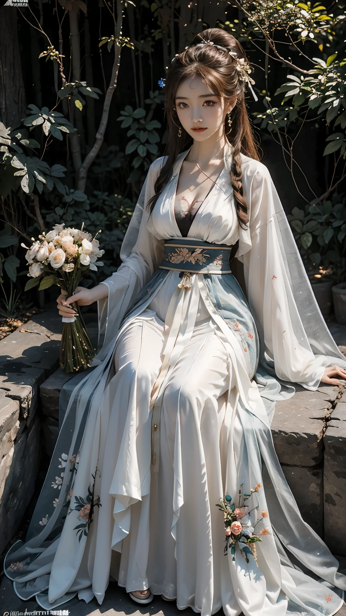 hanfu, 1girl, ((full body)), ((from below)), in the mountains, sit on rock, plant, bouquet, Show off your exquisite figure and graceful curves, slim body, big breasts, cleavage, sexy legs, big eyes, elegant posture, long hair, brown hair, curls, Warm colors, masterpiece, best quality, correct, 解剖学correct, official art, complex, detail的脸, detail, lifelike, Very detailed, official art