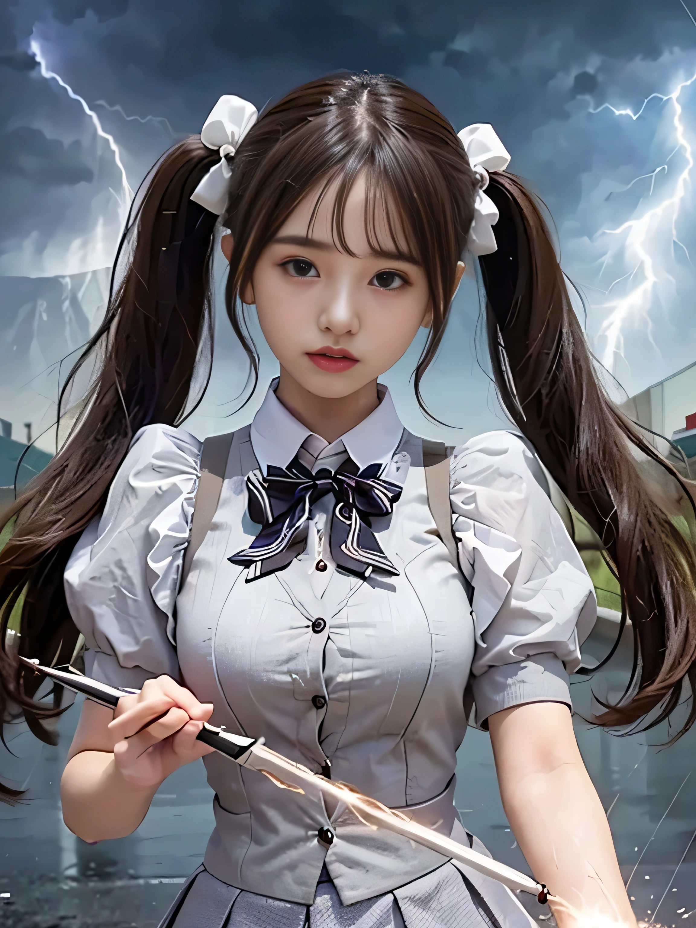 highest quality、masterpiece、ultra high resolution、(Photoreal:1.4)、RAW photo、Detailed CG image quality、cyber punk、beautiful feces、(1 Magical Girl)、16 years old, (black hair with twin tails:1.4), (white ribbon in hair), (platinum silver accessories:1.4)、(white school uniform:1.4)、(big breasts thin waist)、(purple eyes:1.3), (The power of shining eyes:1.2), (There is a white wizard&#39;cane:1.4), ((A ball of strong blue-white light emitted from a staff..:1.4)), (Thunder resounds from every part of my body:1.4)、detailed portrait、8K quality、bright colors、concept art、cinematic and dramatic atmosphere、sharp focus、volume lighting、movie lighting、Get studio quality、(neon lighting)、Depth of written boundary、environmental lighting、blurred foreground、blurred background:1.3, (Rainy night:1.4), (((Severe lightning strike:1.4))),