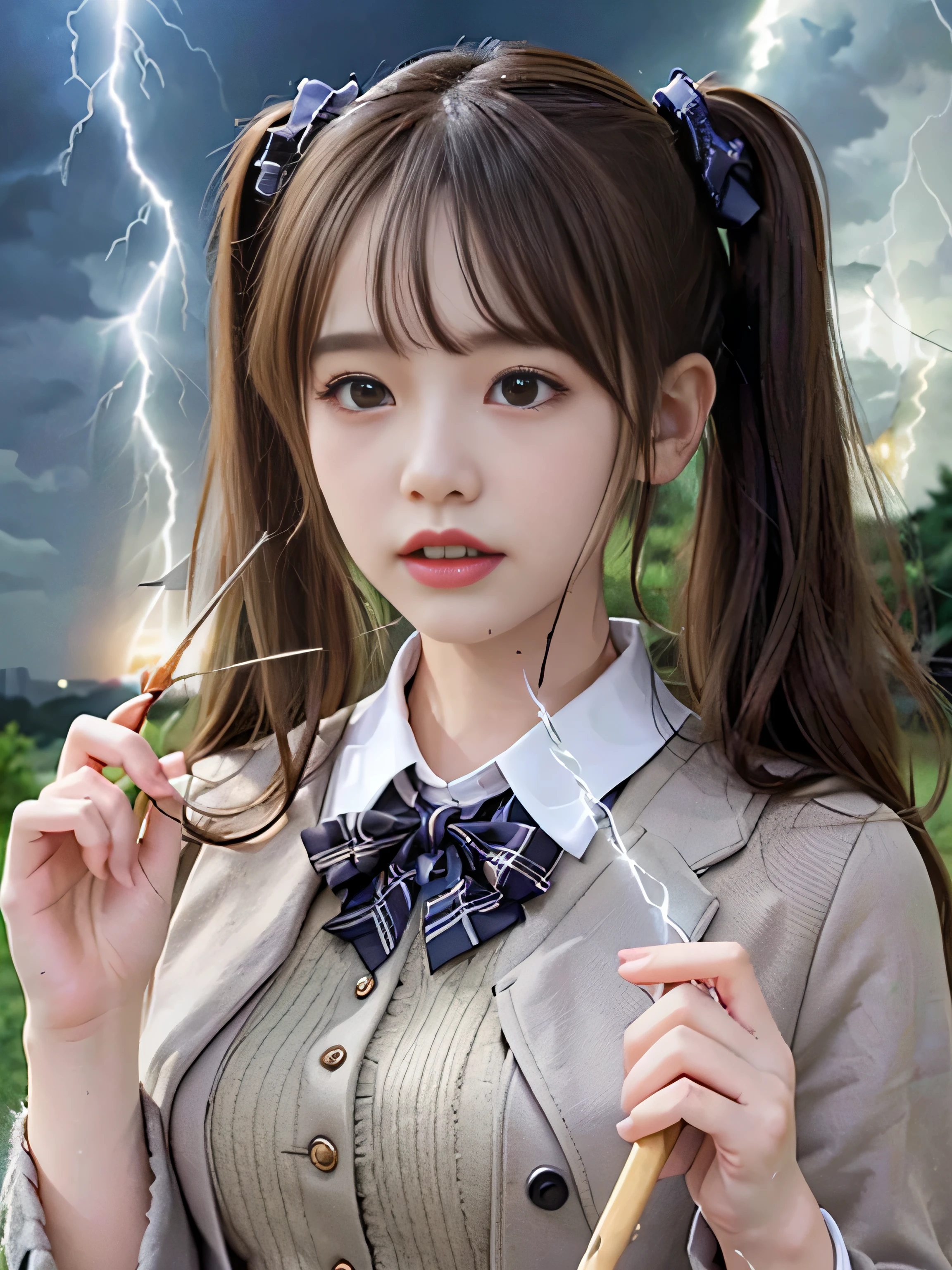 highest quality、masterpiece、ultra high resolution、(Photoreal:1.4)、RAW photo、Detailed CG image quality、cyber punk、beautiful feces、(1 Magical Girl)、16 years old, (black hair with twin tails:1.4), (white ribbon in hair), (platinum silver accessories:1.4)、(white school uniform:1.4)、(big breasts thin waist)、(purple eyes:1.3), (The power of shining eyes:1.2), (There is a white wizard&#39;cane:1.4), ((A ball of strong blue-white light emitted from a staff..:1.4)), (Thunder resounds from every part of my body:1.4)、detailed portrait、8K quality、bright colors、concept art、cinematic and dramatic atmosphere、sharp focus、volume lighting、movie lighting、Get studio quality、(neon lighting)、Depth of written boundary、environmental lighting、blurred foreground、blurred background:1.3, (Rainy night:1.4), (((Severe lightning strike:1.4))),