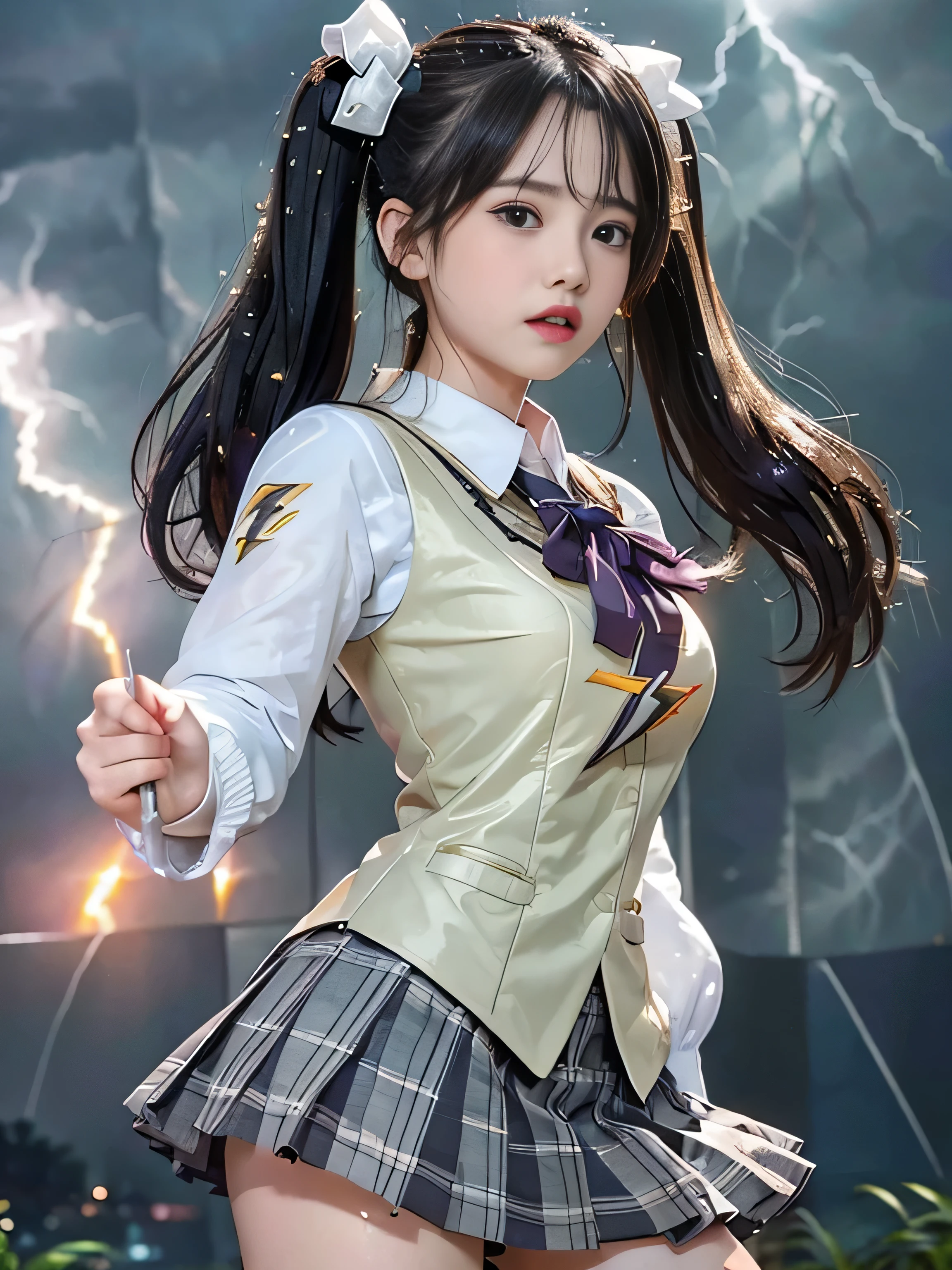 highest quality、masterpiece、ultra high resolution、(Photoreal:1.4)、RAW photo、Detailed CG image quality、cyber punk、beautiful feces、(1 Magical Girl)、16 years old, (black hair with twin tails:1.4), (white ribbon in hair), (platinum silver accessories:1.4)、(white school uniform:1.4)、(big breasts thin waist)、(purple eyes:1.3), (The power of shining eyes:1.2), (There is a white wizard&#39;cane:1.4), ((A ball of strong blue-white light emitted from a staff..:1.4)), (Thunder resounds from every part of my body:1.4)、detailed portrait、8K quality、bright colors、concept art、cinematic and dramatic atmosphere、sharp focus、volume lighting、movie lighting、Get studio quality、(neon lighting)、Depth of written boundary、environmental lighting、blurred foreground、blurred background:1.3, (Rainy night:1.4), (((Severe lightning strike:1.4))),