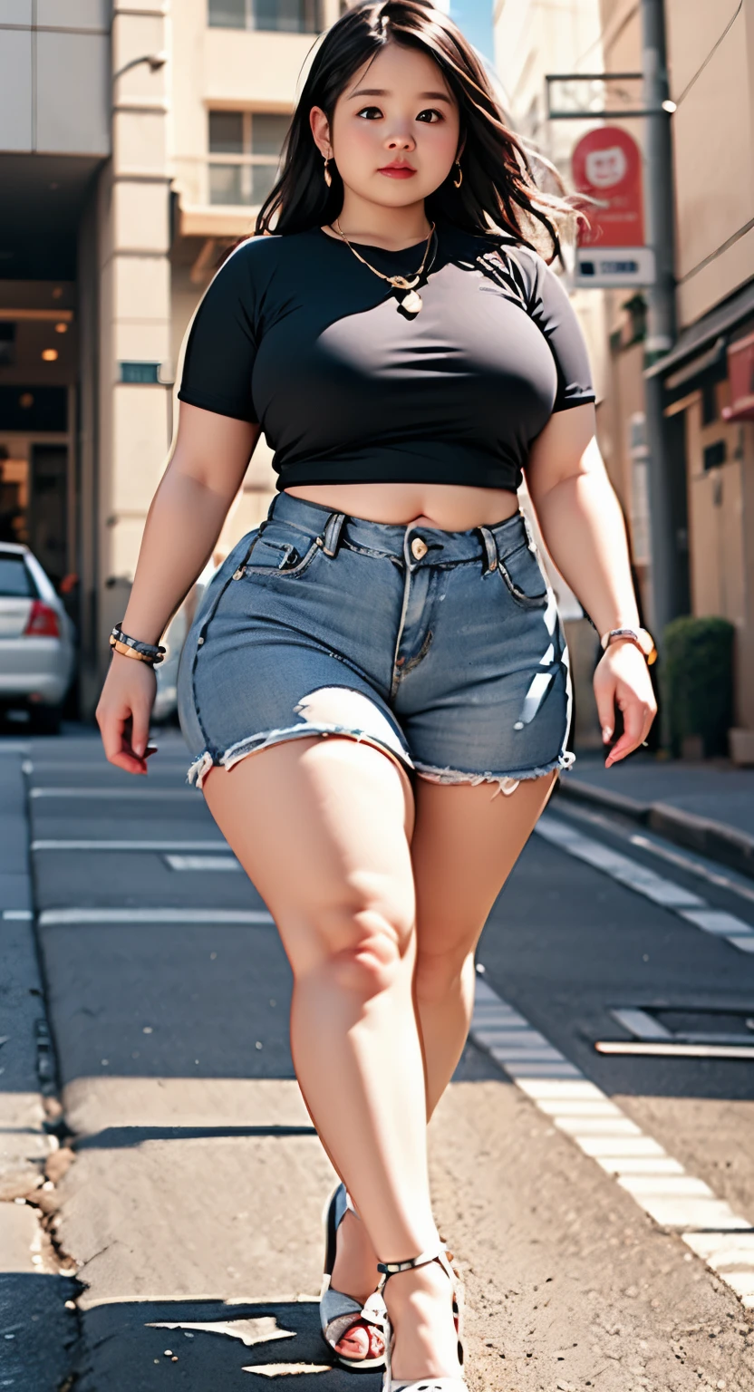 ((best quality)), ((masterpiece)), (detailed), perfect face, araffe woman in a dark-blue shirt and blue denim skirt walking down a street, thicc, she has a jiggly fat round belly, bbwchan, wearing tight simple clothes, skinny waist and thick hips, widest hips, her belly is fat and round, soft curvy shape, hyperrealistic full figure, wearing a cute top, wide hips, wearing 10 bracelet , wearing huge diamond necklace 