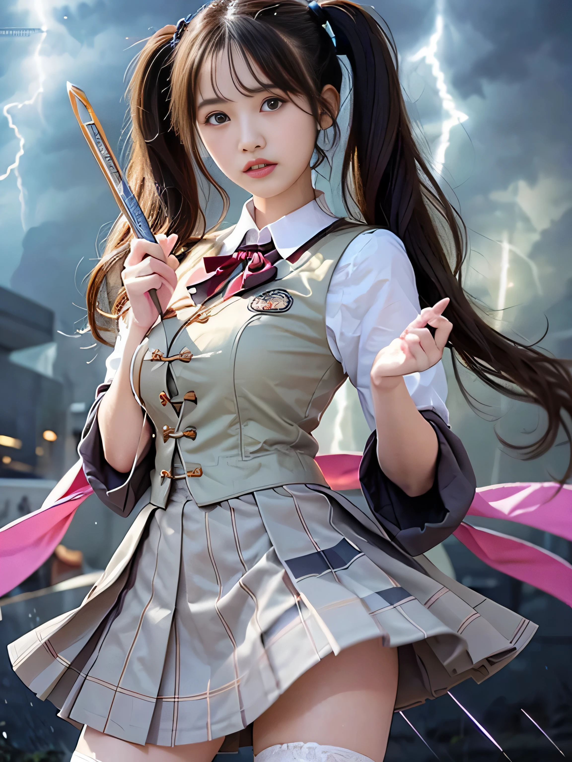 highest quality、masterpiece、ultra high resolution、(Photoreal:1.4)、RAW photo、Detailed CG image quality、cyber punk、beautiful feces、(1 Magical Girl)、16 years old, (black hair with twin tails:1.4), (white ribbon in hair), (platinum silver accessories:1.4)、(white school uniform:1.4)、(big breasts thin waist)、(purple eyes:1.3), (The power of shining eyes:1.2), (There is a white wizard&#39;cane:1.4), ((A ball of strong blue-white light emitted from a staff..:1.4)), (Thunder resounds from every part of my body:1.4)、detailed portrait、8K quality、bright colors、concept art、cinematic and dramatic atmosphere、sharp focus、volume lighting、movie lighting、Get studio quality、(neon lighting)、Depth of written boundary、environmental lighting、blurred foreground、blurred background:1.3, (Rainy night:1.4), (((Severe lightning strike:1.4))),