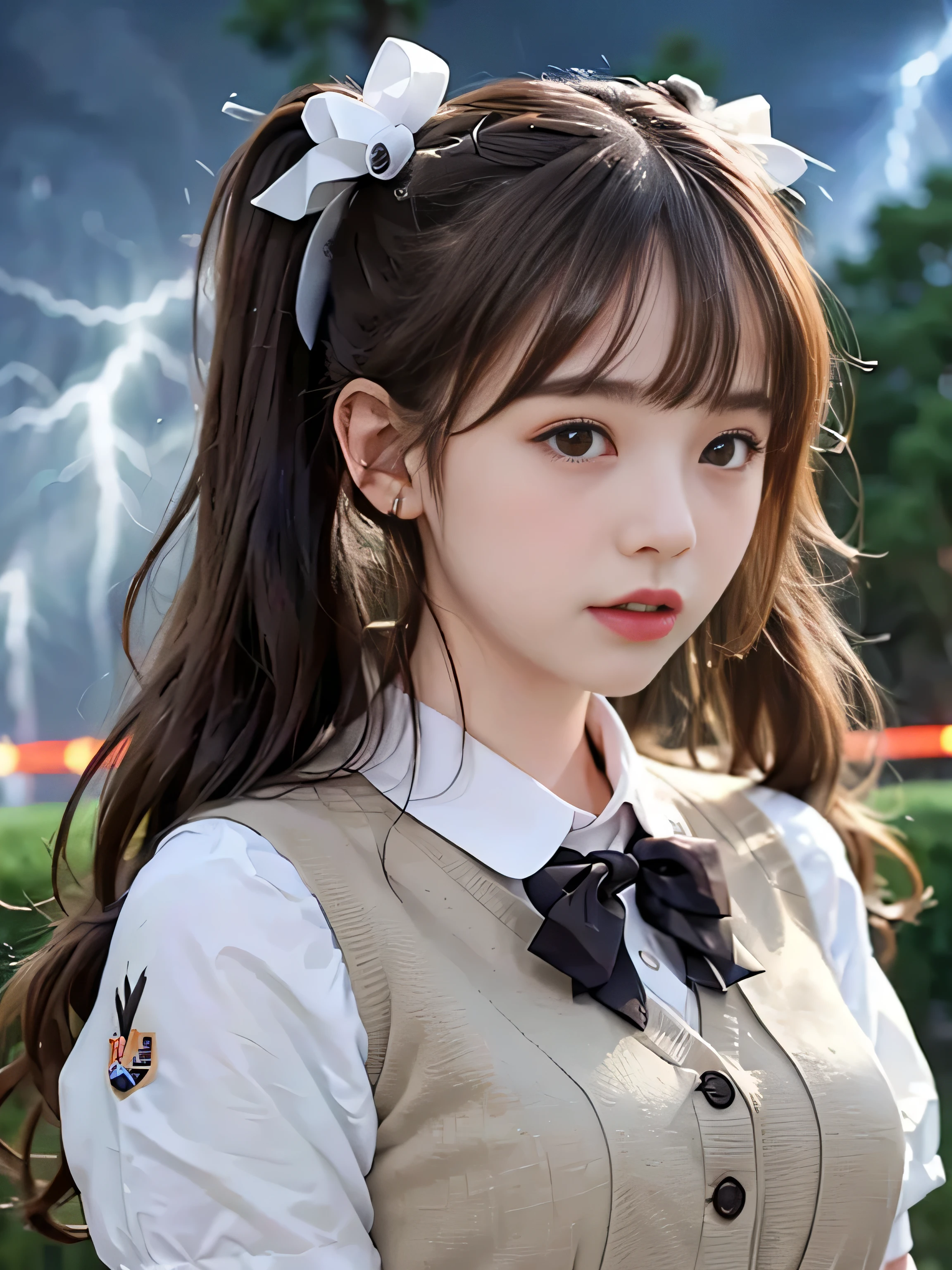 (RAW image quality:1.4)、highest quality、masterpiece、ultra high resolution、(Photoreal:1.4)、RAW photo、Detailed CG image quality、cyber punk、beautiful feces、(1 Magical Girl)、16 years old, (black hair with twin tails:1.4), (white ribbon in hair), (platinum silver accessories:1.4)、(white school uniform:1.4)、(big breasts thin waist)、(purple eyes:1.3), (The power of shining eyes:1.2), (There is a white wizard&#39;cane:1.4), ((A ball of strong blue-white light emitted from a staff..:1.4)), (Thunder resounds from every part of my body:1.4)、detailed portrait、8K quality、bright colors、concept art、cinematic and dramatic atmosphere、sharp focus、volume lighting、movie lighting、Get studio quality、(neon lighting)、Depth of written boundary、environmental lighting、(Shallow い depth of writing)、blurred foreground、blurred background:1.3, (Rainy night:1.4), (((Severe lightning strike:1.4))),