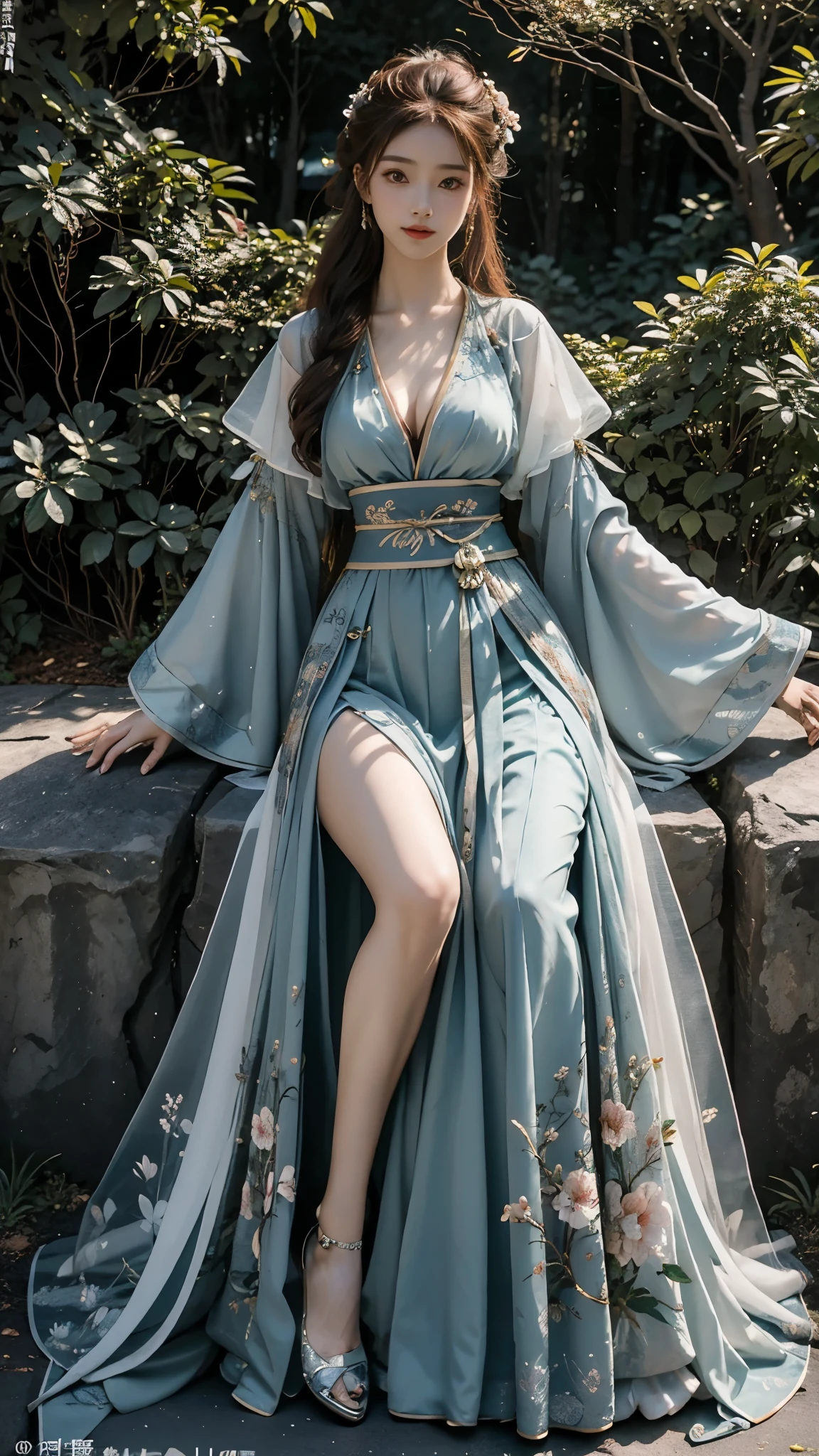 hanfu, 1girl, ((full body)), ((from below)), in the mountains, sit on rock, plant, bouquet, Show off your exquisite figure and graceful curves, slim body, big breasts, cleavage, sexy legs, big eyes, elegant posture, long hair, brown hair, curls, Warm colors, masterpiece, best quality, correct, 解剖学correct, official art, complex, detail的脸, detail, lifelike, Very detailed, official art