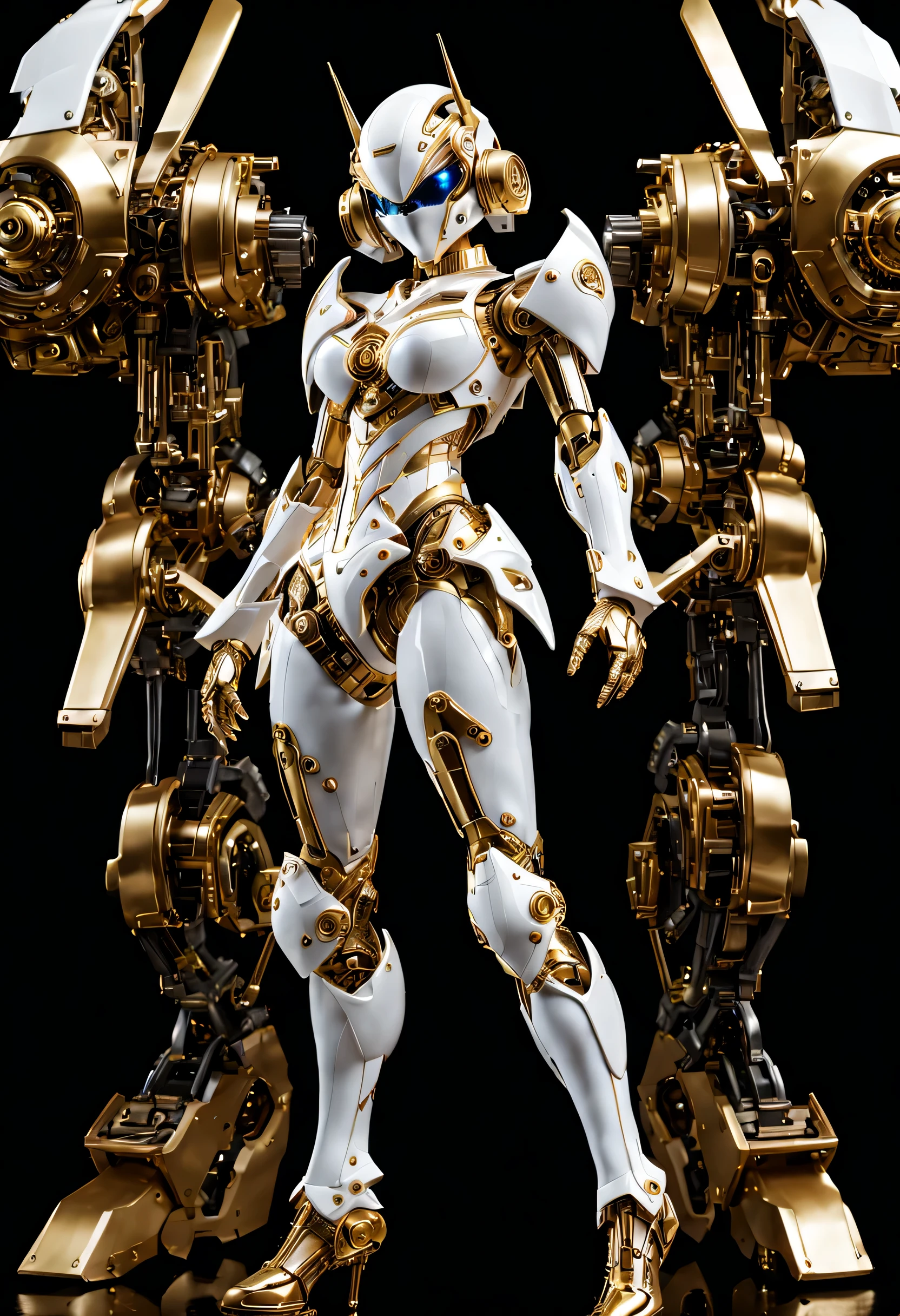 (full-body shot:1.5), (full view:1.5), Pure black background, A white and gold transparent girl mecha stands on the ground，Get into a fighting stance,Exquisite white transparent glass mechanical armor, Metal mechanical mask, Precision luminous electronic eye,（Exquisite mechanical high heels:1.3),(The internal structure is complex and precise:1.2), Exquisite and complex golden mecha texture, (gold mechanical thread:1.2), (Well-designed, high detail, masterpiece, best quality, ultra high definition, Sharpen details, ,metallic feel),New Jersey RS