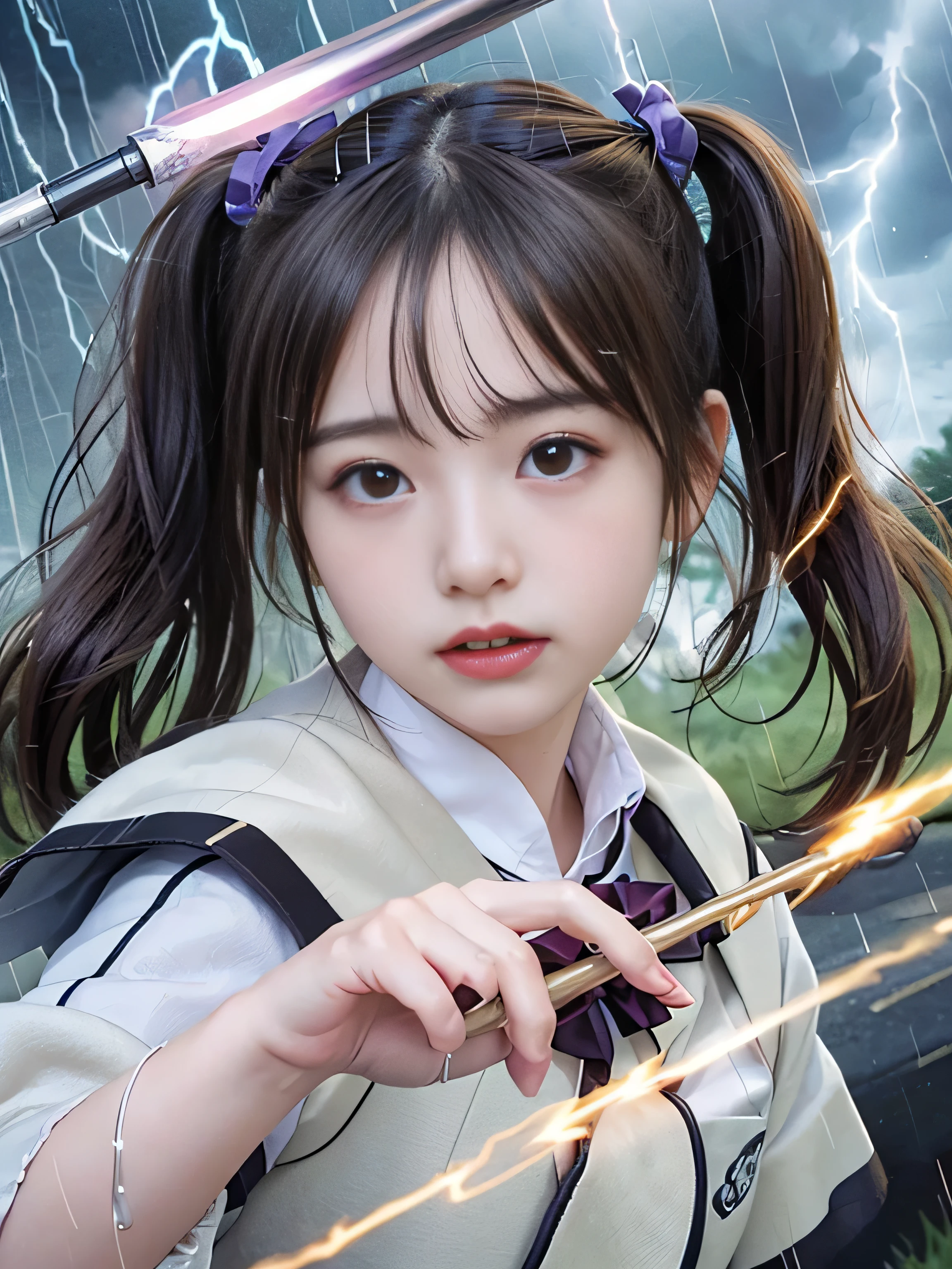 (RAW image quality:1.4)、highest quality、masterpiece、ultra high resolution、(Photoreal:1.4)、RAW photo、Detailed CG image quality、cyber punk、beautiful feces、(1 Magical Girl)、16 years old, (black hair with twin tails:1.4), (white ribbon in hair), (platinum silver accessories:1.4)、(white school uniform:1.4)、(big breasts thin waist)、(purple eyes:1.3), (The power of shining eyes:1.2), (There is a white wizard&#39;cane:1.4), ((A ball of strong blue-white light emitted from a staff..:1.4)), (Thunder resounds from every part of my body:1.4)、detailed portrait、8K quality、bright colors、concept art、cinematic and dramatic atmosphere、sharp focus、volume lighting、movie lighting、Get studio quality、(neon lighting)、Depth of written boundary、environmental lighting、(Shallow い depth of writing)、blurred foreground、blurred background:1.3, (Rainy night:1.4), (((Severe lightning strike:1.4))),