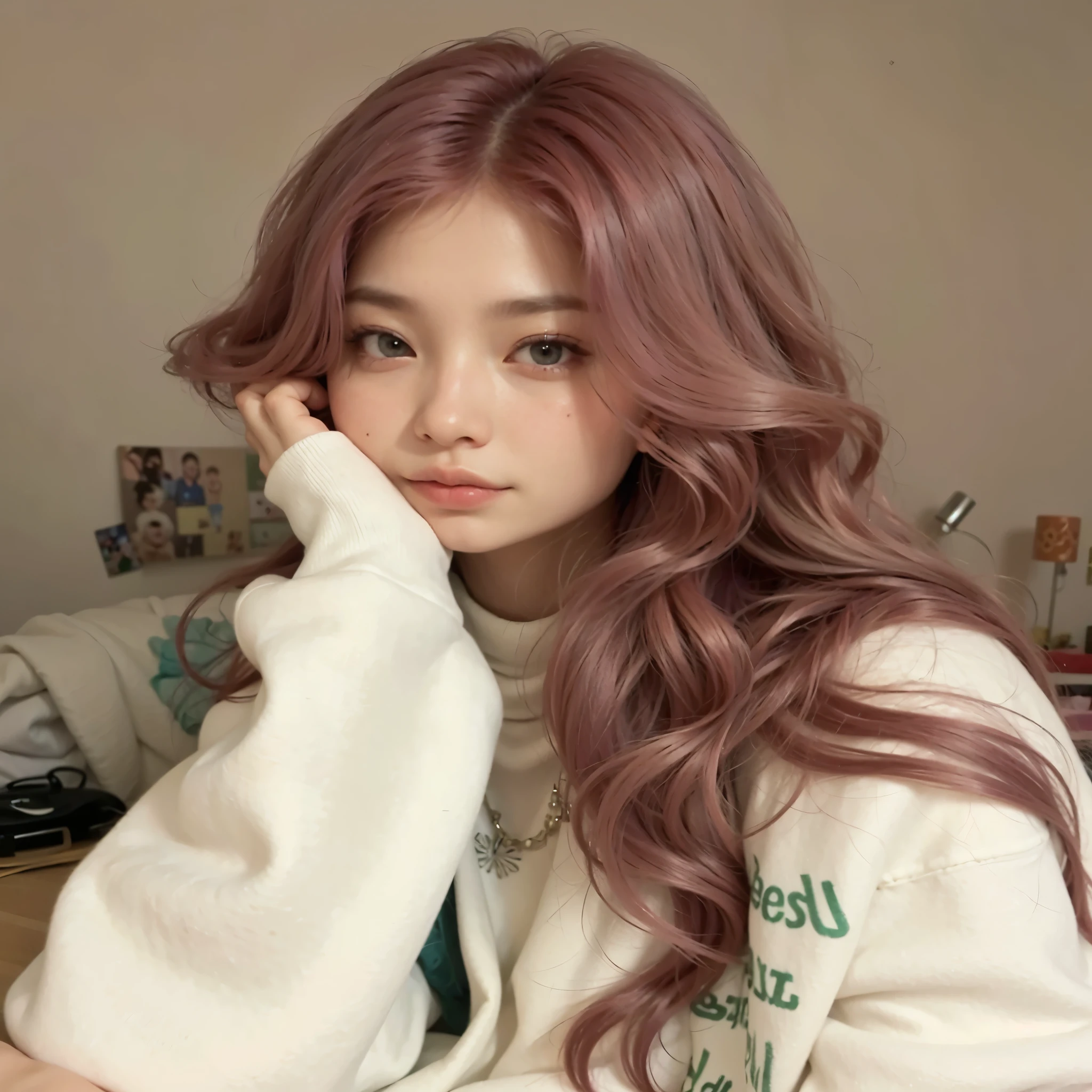 um close up de uma pessoa com cabelos longos e uma camisola, Flowing pink hair, long Flowing pink hair, cabelo rosa cacheado, Ulzzang, com cabelo rosa, long hair with pastel colors, Cor de cabeloing, cabelo rosa claro, cabelo liso rosa, Cor de cabelo, cabelo roxo longo e ondulado, tom de pele rosa pastel, Cabelo colorido, Cabelo rosa comprido, pastel rosa