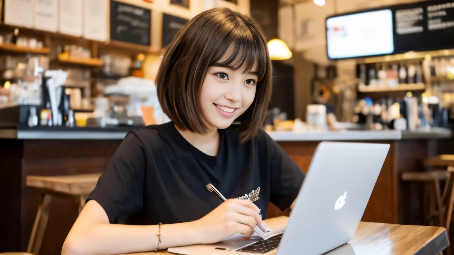((最high quality, 8k, masterpiece: 1.3)), perfect face,Inside a stylish cafe in New York、A scene in which a beautiful model-like woman with big breasts is drinking a latte and studying on a laptop.,everything around you, I see other customers enjoying themselves.。At the back of the cafe、Staff are busy working at the counter.、You can feel the vibrancy and warmth of a city cafe.., sharp focus, 1 girl, sexy 1.2, brown hair, With bangs, (layered short hair), (big: 1.5), fine eyes, Beautiful eyes with slit length, double eyelid, (cat face), (cute Face), cute Smile, (close your mouth), (cute), soft skin, show the whole body, surreal, Super detailed, high quality, (Beautiful female college student with short hair studying in a cafe), ((詳細な非常にcute女子大生), ((big胸 It can be seen even through clothes))