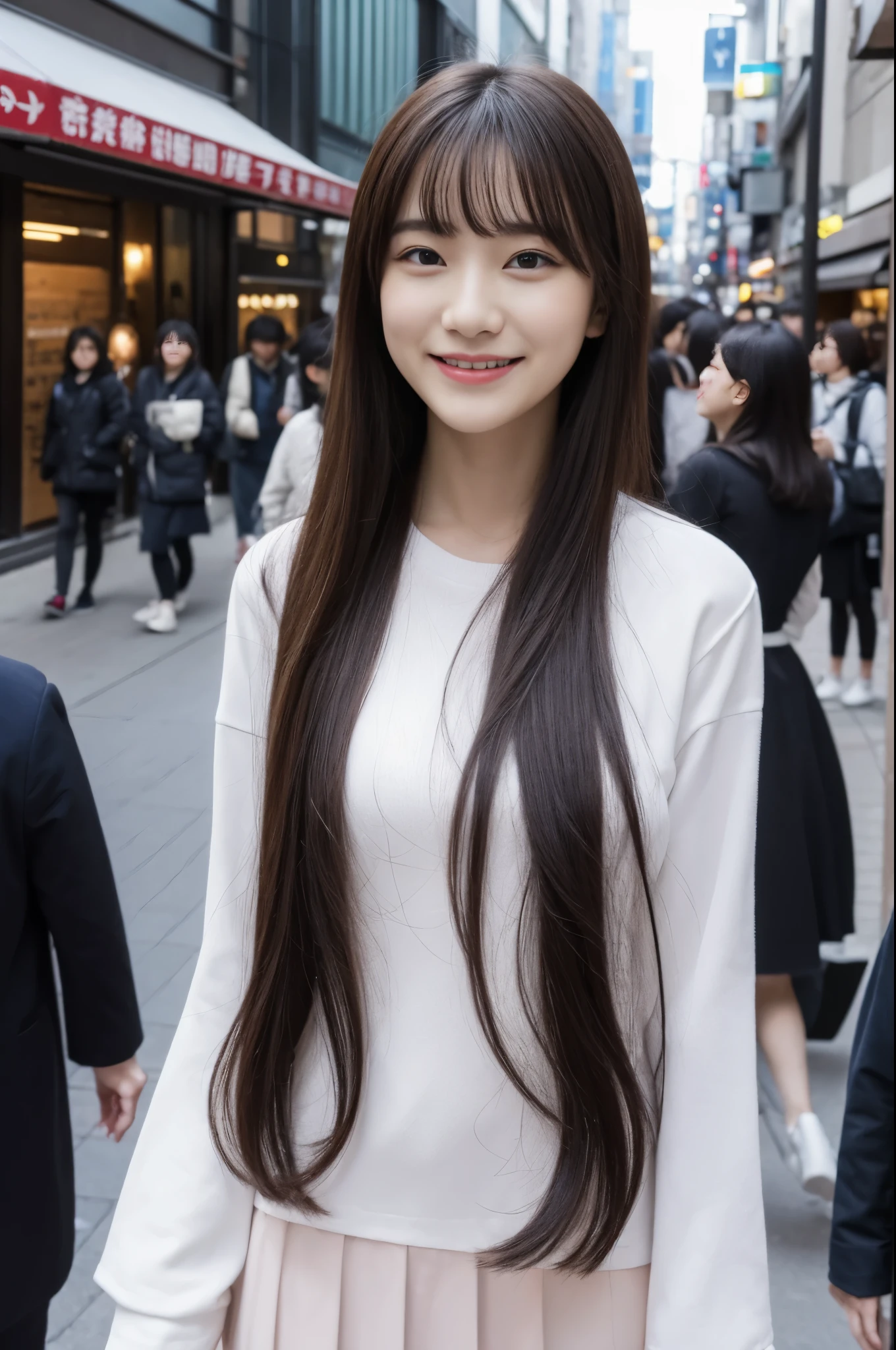 one woman, shopp me ng, In the c私ty, h i ghly deta i led beaut i ful g i rl, H i ghly data i led face, H ghly data my led eyes, h i ghly deta i ledsk i n, extremely data i led f i ngers, h i ghly deta i led nose, very deta私led deta私led mouth、Smile,  Tokyo, 2024, spring, springに流行する服装, The background is Shibuya