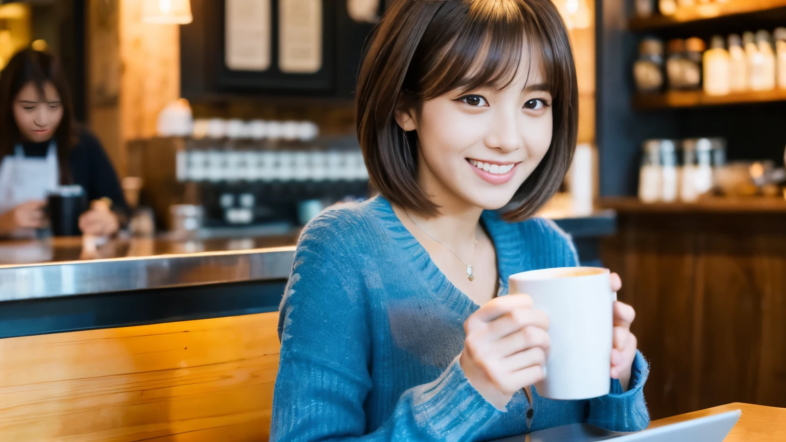 ((最high quality, 8k, masterpiece: 1.3)), perfect face,Inside a stylish cafe in New York、A scene in which a beautiful model-like woman with big breasts is drinking a latte and studying on a laptop.,everything around you, I see other customers enjoying themselves.。At the back of the cafe、Staff are busy working at the counter.、You can feel the vibrancy and warmth of a city cafe.., sharp focus, 1 girl, sexy 1.2, brown hair, With bangs, (layered short hair), (big: 1.5), fine eyes, Beautiful eyes with slit length, double eyelid, (cat face), (cute Face), cute Smile, (close your mouth), (cute), soft skin, show the whole body, surreal, Super detailed, high quality, (Beautiful female college student with short hair studying in a cafe), ((詳細な非常にcute女子大生), ((big胸 It can be seen even through clothes))