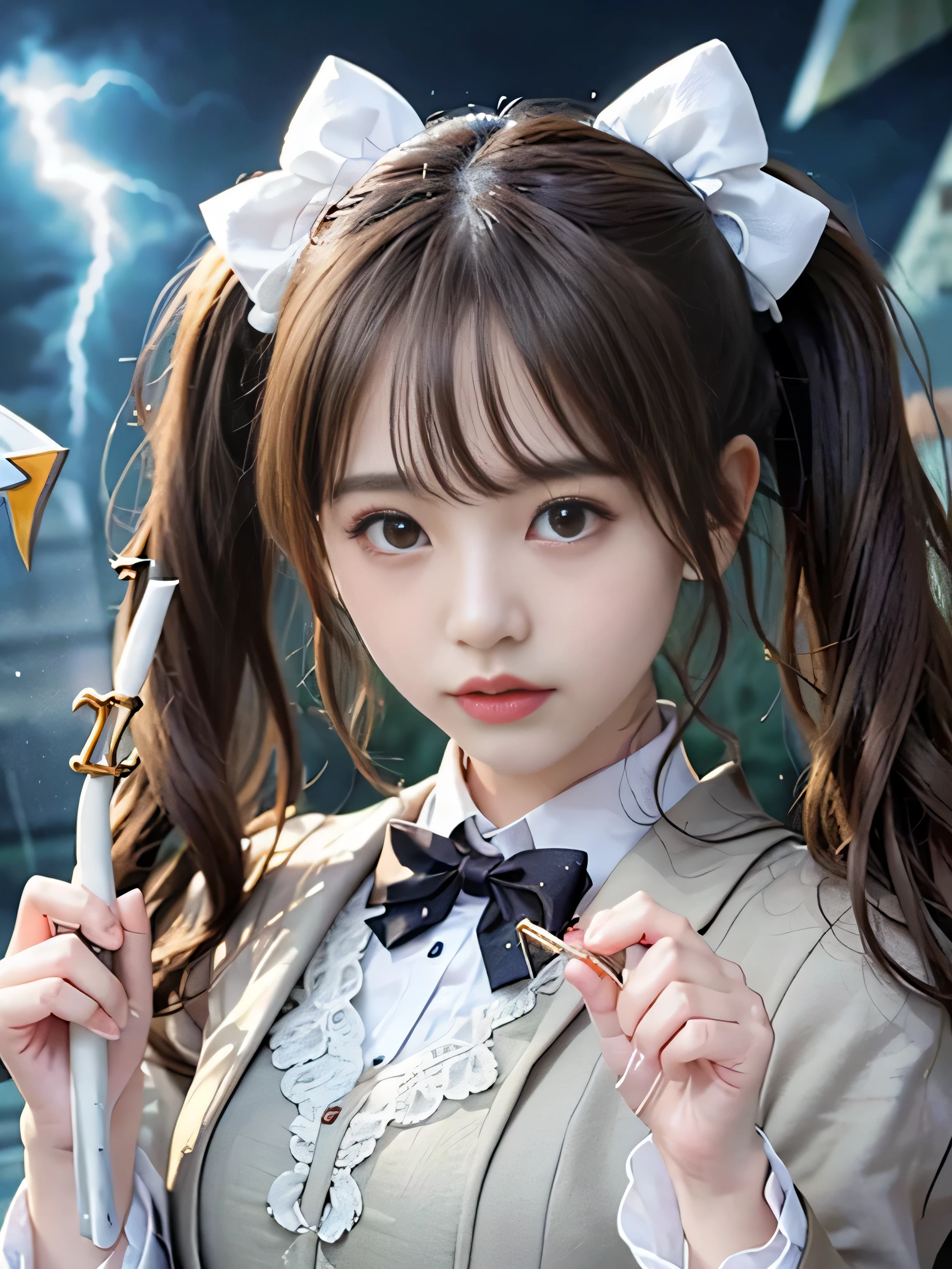 (RAW image quality:1.4)、highest quality、masterpiece、ultra high resolution、(Photoreal:1.4)、RAW photo、Detailed CG image quality、cyber punk、beautiful feces、(1 Magical Girl)、16 years old, (black hair with twin tails:1.4), (white ribbon in hair), (platinum silver accessories:1.4)、(white school uniform:1.4)、(big breasts thin waist)、(purple eyes:1.3), (The power of shining eyes:1.2), (There is a white wizard&#39;cane:1.4), ((A ball of strong blue-white light emitted from a staff..:1.4)), (Thunder resounds from every part of my body:1.4)、detailed portrait、8K quality、bright colors、concept art、cinematic and dramatic atmosphere、sharp focus、volume lighting、movie lighting、Get studio quality、(neon lighting)、Depth of written boundary、environmental lighting、(Shallow い depth of writing)、blurred foreground、blurred background:1.3, (Rainy night:1.4), (((Severe lightning strike:1.4))), magic circle、