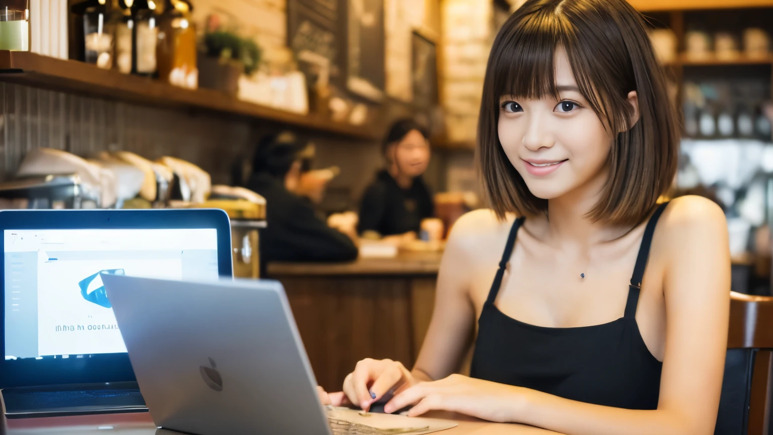 ((最high quality, 8k, masterpiece: 1.3)), perfect face,Inside a stylish cafe in New York、A scene in which a beautiful model-like woman with big breasts is drinking a latte and studying on a laptop.,everything around you, I see other customers enjoying themselves.。At the back of the cafe、Staff are busy working at the counter.、You can feel the vibrancy and warmth of a city cafe.., sharp focus, 1 girl, sexy 1.2, brown hair, With bangs, (layered short hair), (big: 1.5), fine eyes, Beautiful eyes with slit length, double eyelid, (cat face), (cute Face), cute Smile, (close your mouth), (cute), soft skin, show the whole body, surreal, Super detailed, high quality, (Beautiful female college student with short hair studying in a cafe), ((詳細な非常にcute女子大生), ((big胸 It can be seen even through clothes))
