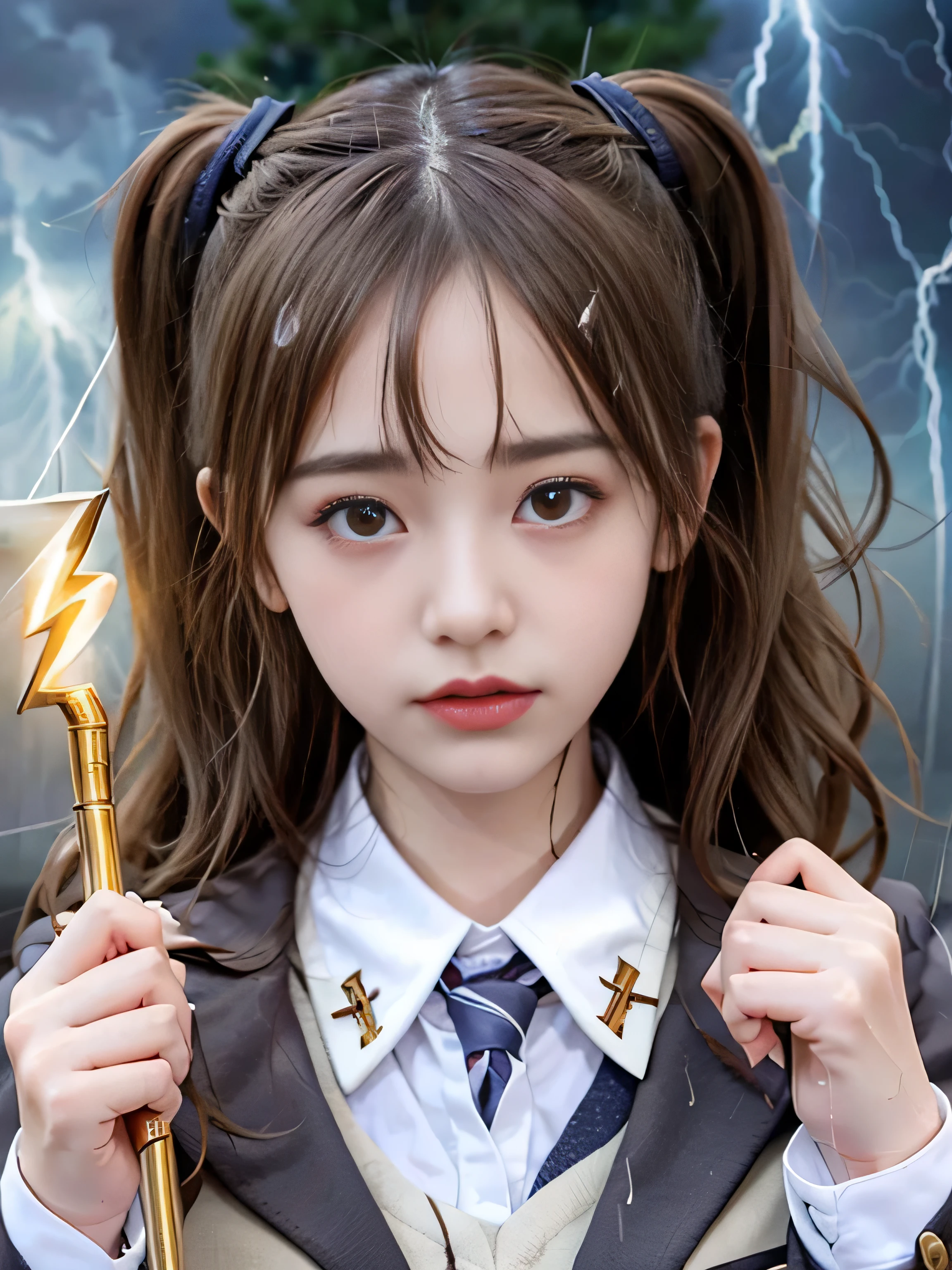 (RAW image quality:1.4)、highest quality、masterpiece、ultra high resolution、(Photoreal:1.4)、RAW photo、Detailed CG image quality、cyber punk、beautiful feces、(1 Magical Girl)、16 years old, (black hair with twin tails:1.4), (white ribbon in hair), (platinum silver accessories:1.4)、(white school uniform:1.4)、(big breasts thin waist)、(purple eyes:1.3), (The power of shining eyes:1.2), (There is a white wizard&#39;cane:1.4), ((A ball of strong blue-white light emitted from a staff..:1.4)), (Thunder resounds from every part of my body:1.4)、detailed portrait、8K quality、bright colors、concept art、cinematic and dramatic atmosphere、sharp focus、volume lighting、movie lighting、Get studio quality、(neon lighting)、Depth of written boundary、environmental lighting、(Shallow い depth of writing)、blurred foreground、blurred background:1.3, (Rainy night:1.4), (((Severe lightning strike:1.4))), magic circle、