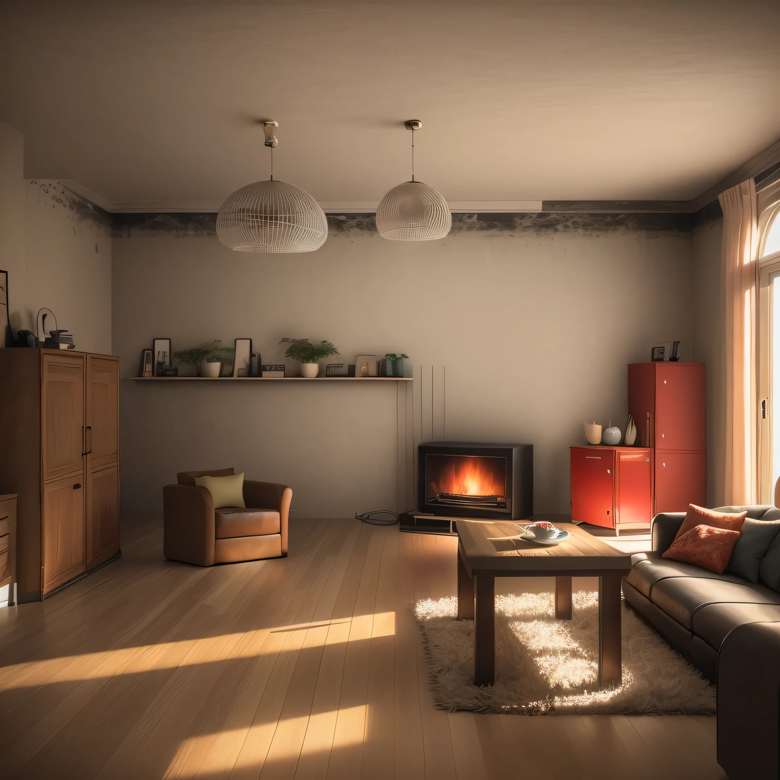 a photography of a living room with a couch, chair, table and television, an interior of room, , 2 point perspective, interior of a living room, single point perspective, mid-century modern, red interior, vintage style furniture, realistic render, blender eevee, realistic lighting