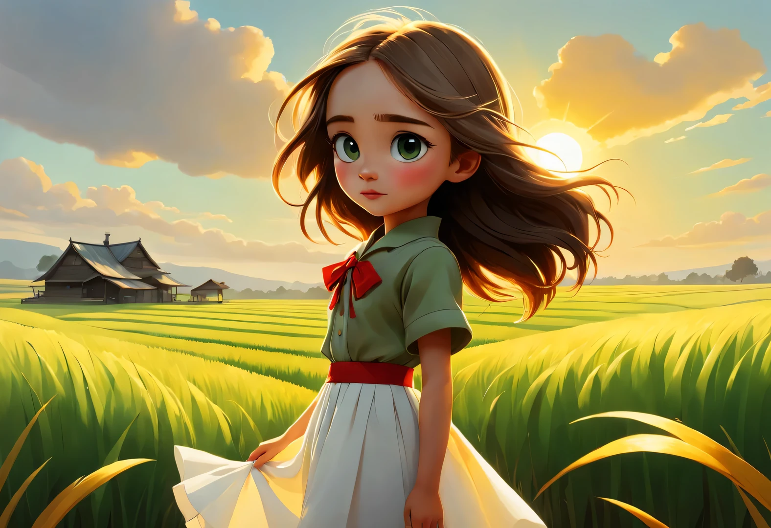 Bird&#39;s eye view digital art, In the endless rice fields, The back of a little girl standing，long hair，white skirt，bow tie, green, yellow, Kaneko, curry, A little red, slope, White farmhouse in the distance, breeze blows, Rice swaying in the wind, Sunlight, happy atmosphere, Stripes Circles and Stripes Circles and Shapes Stripes, National Geographic National Geographic, annie lebovetz,,A beautiful painting by Wassily Kandinsky,Imagined,Imaginative,Japanese cartoons,romantic atmosphere,high detail,watercolor painting,palette knife painting,comics,artwork,Pixar style,cartoon style,Arte Guélan's artwork,Chinese painting,masterpiece,Line art,Quixel Megascans rendering,octane rendering,depth of field (degrees of ),extreme long shot,flashing light, --original style