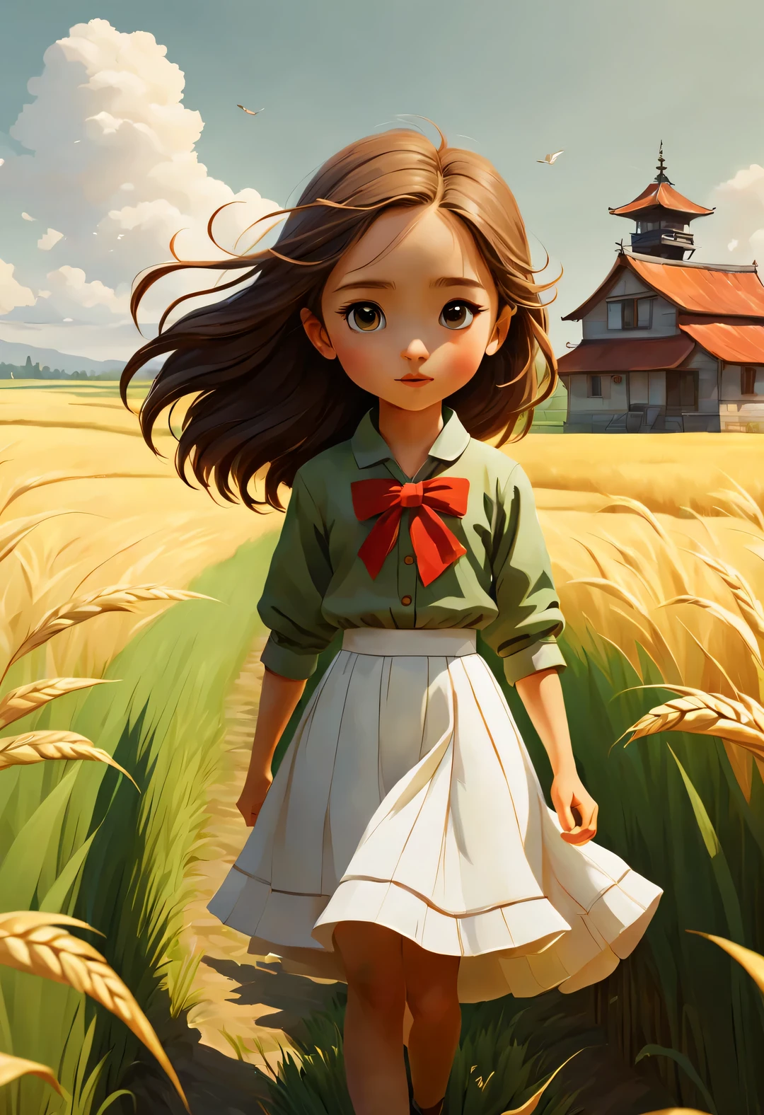 Bird's eye view digital art, In the endless rice fields, The back of a little girl standing,long hair,white skirt,bow tie, green, yellow, Kaneko, curry, A little red, slope, White farmhouse in the distance, breeze blows, Rice swaying in the wind, Sunlight, happy atmosphere, Stripes Circles and Stripes Circles and Shapes Stripes, National Geographic National Geographic, annie lebovetz,,A beautiful painting by Wassily Kandinsky,Imagined,Imaginative,Japanese cartoons,romantic atmosphere,high detail,watercolor painting,palette knife painting,comics,artwork,Pixar style,cartoon style,Arte Guélan's artwork,Chinese painting,masterpiece,Line art,Quixel Megascans rendering,octane rendering,depth of field (degrees of ),extreme long shot,flashing light, --original style