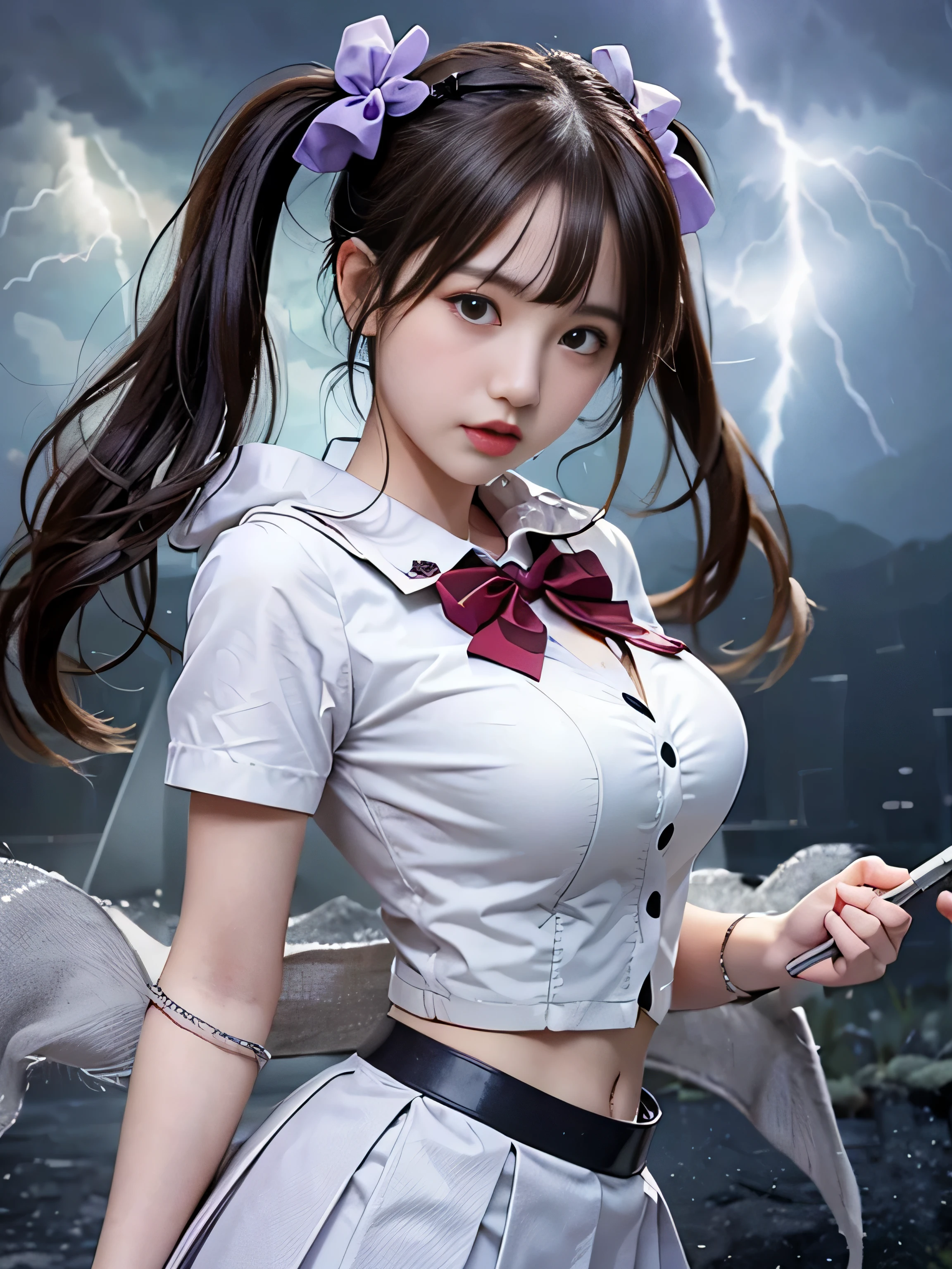 (RAW image quality:1.4)、highest quality、masterpiece、ultra high resolution、(Photoreal:1.4)、RAW photo、Detailed CG image quality、cyber punk、beautiful face、(1 Magical Girl)、16 years old, (black hair with twin tails:1.4), (white ribbon in hair), (platinum silver accessories:1.4)、(white school uniform:1.4)、(big breasts thin waist)、(purple eyes:1.3), (The power of shining eyes:1.2), (There is a white wizard&#39;cane:1.4), ((A ball of strong blue-white light emitted from a staff..:1.4)), (Thunder resounds from every part of my body:1.4)、detailed portrait、8K quality、bright colors、concept art、cinematic and dramatic atmosphere、sharp focus、volume lighting、movie lighting、Get studio quality、(neon lighting)、Depth of written boundary、environmental lighting、(Shallow い depth of writing)、blurred foreground、blurred background:1.3, (Rainy night:1.4), (((Severe lightning strike:1.4))), magic circle、