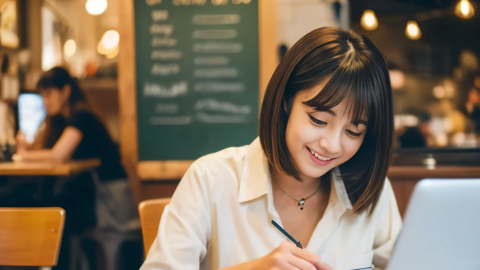 ((最high quality, 8k, masterpiece: 1.3)), perfect face,Inside a stylish cafe in New York、A scene in which a beautiful model-like woman with big breasts is drinking a latte and studying on a laptop.,everything around you, I see other customers enjoying themselves.。At the back of the cafe、Staff are busy working at the counter.、You can feel the vibrancy and warmth of a city cafe.., sharp focus, 1 girl, sexy 1.2, brown hair, With bangs, (layered short hair), (big: 1.5), fine eyes, Beautiful eyes with slit length, double eyelid, (cat face), (cute Face), cute Smile, (close your mouth), (cute), soft skin, show the whole body, surreal, Super detailed, high quality, (Beautiful female college student with short hair studying in a cafe), ((詳細な非常にcute女子大生), ((big胸 It can be seen even through clothes))