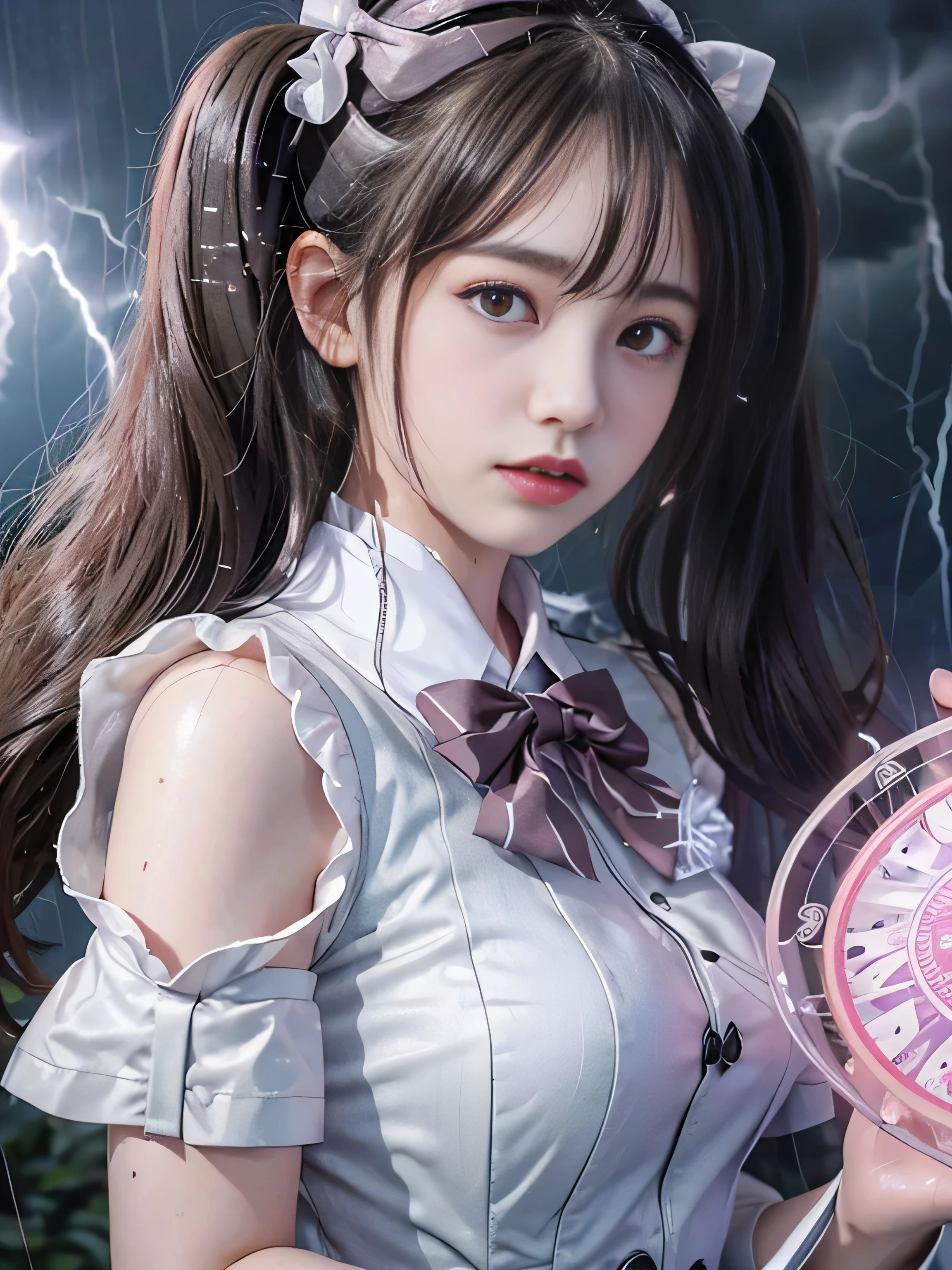 (RAW image quality:1.4)、highest quality、masterpiece、ultra high resolution、(Photoreal:1.4)、RAW photo、Detailed CG image quality、cyber punk、beautiful face、(1 Magical Girl)、16 years old, (black hair with twin tails:1.4), (white ribbon in hair), (platinum silver accessories:1.4)、(white school uniform:1.4)、(big breasts thin waist)、(purple eyes:1.3), (The power of shining eyes:1.2), (There is a white wizard&#39;cane:1.4), ((A ball of strong blue-white light emitted from a staff..:1.4)), (Thunder resounds from every part of my body:1.4)、detailed portrait、8K quality、bright colors、concept art、cinematic and dramatic atmosphere、sharp focus、volume lighting、movie lighting、Get studio quality、(neon lighting)、Depth of written boundary、environmental lighting、(Shallow い depth of writing)、blurred foreground、blurred background:1.3, (Rainy night:1.4), (((Severe lightning strike:1.4))), ((A huge magic circle that glows pink:1.4))、Raging Heart、